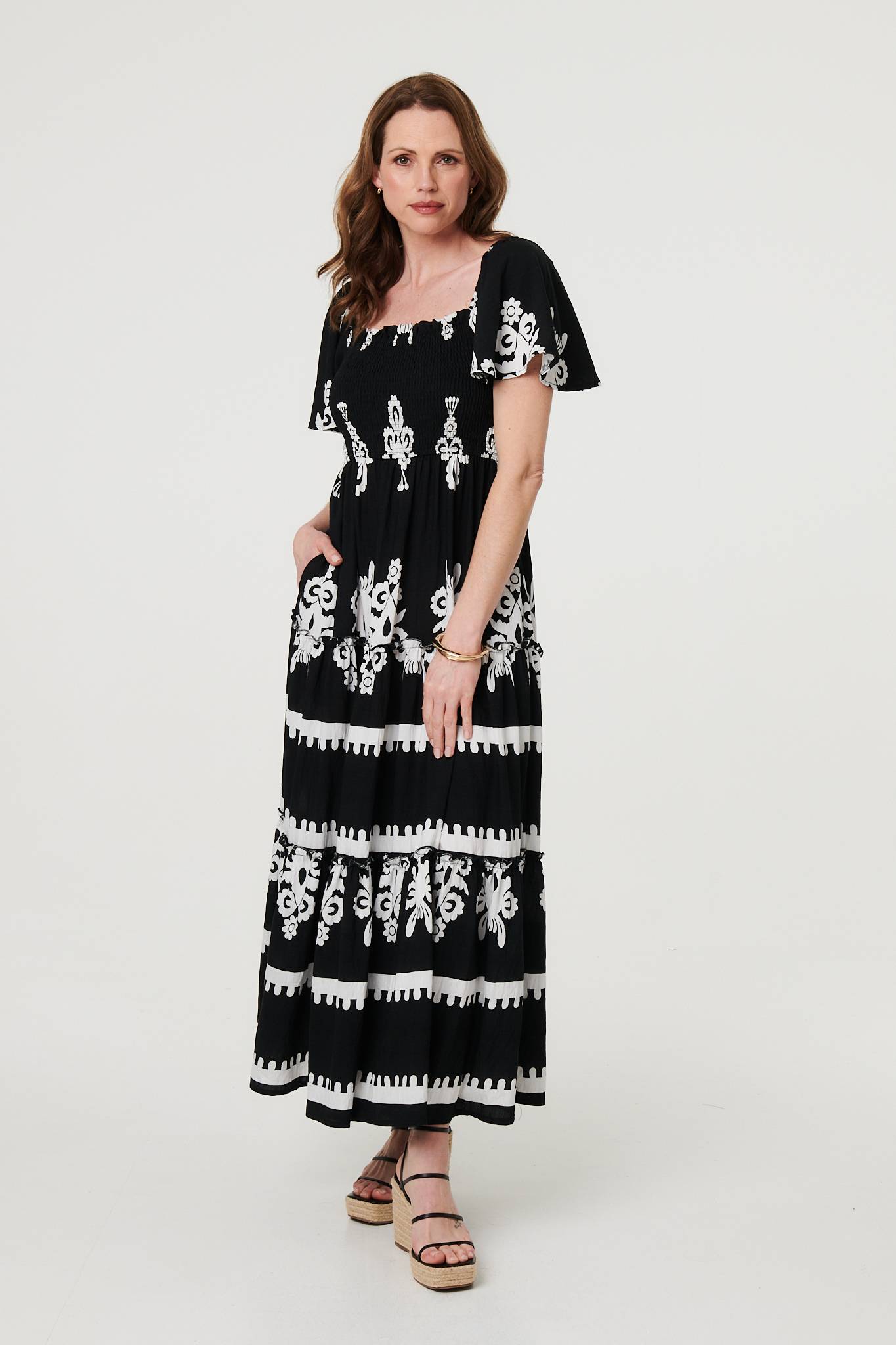 Ikat Print Short Angel Sleeve Maxi Dress Front View