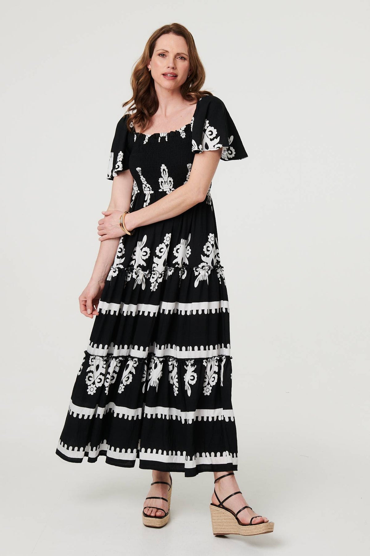 Ikat Print Short Angel Sleeve Maxi Dress Styled View