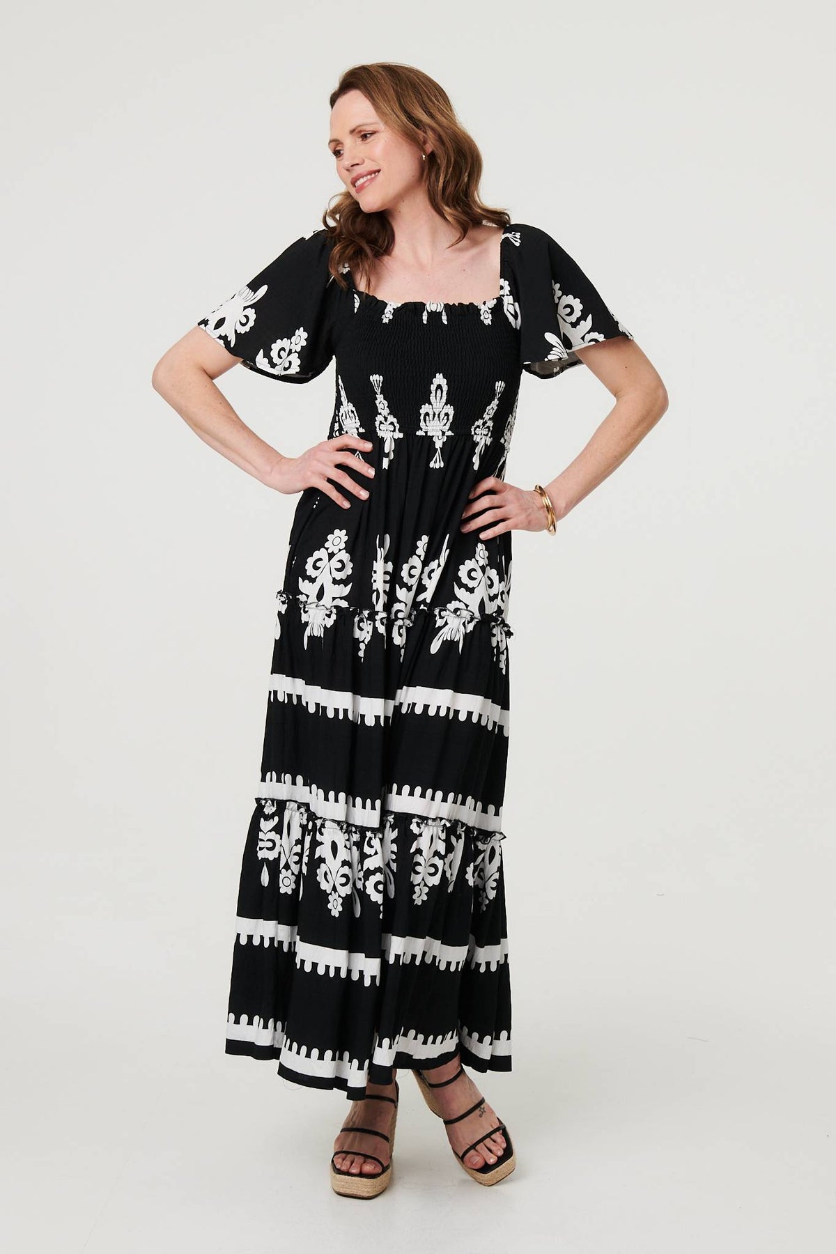 Ikat Print Short Angel Sleeve Maxi Dress Full Length View