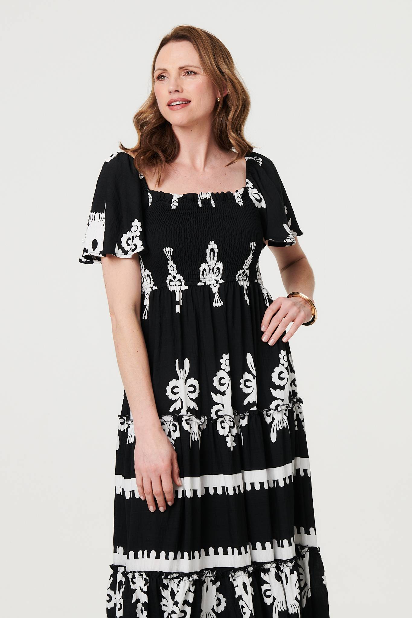 Ikat Print Short Angel Sleeve Maxi Dress Back View