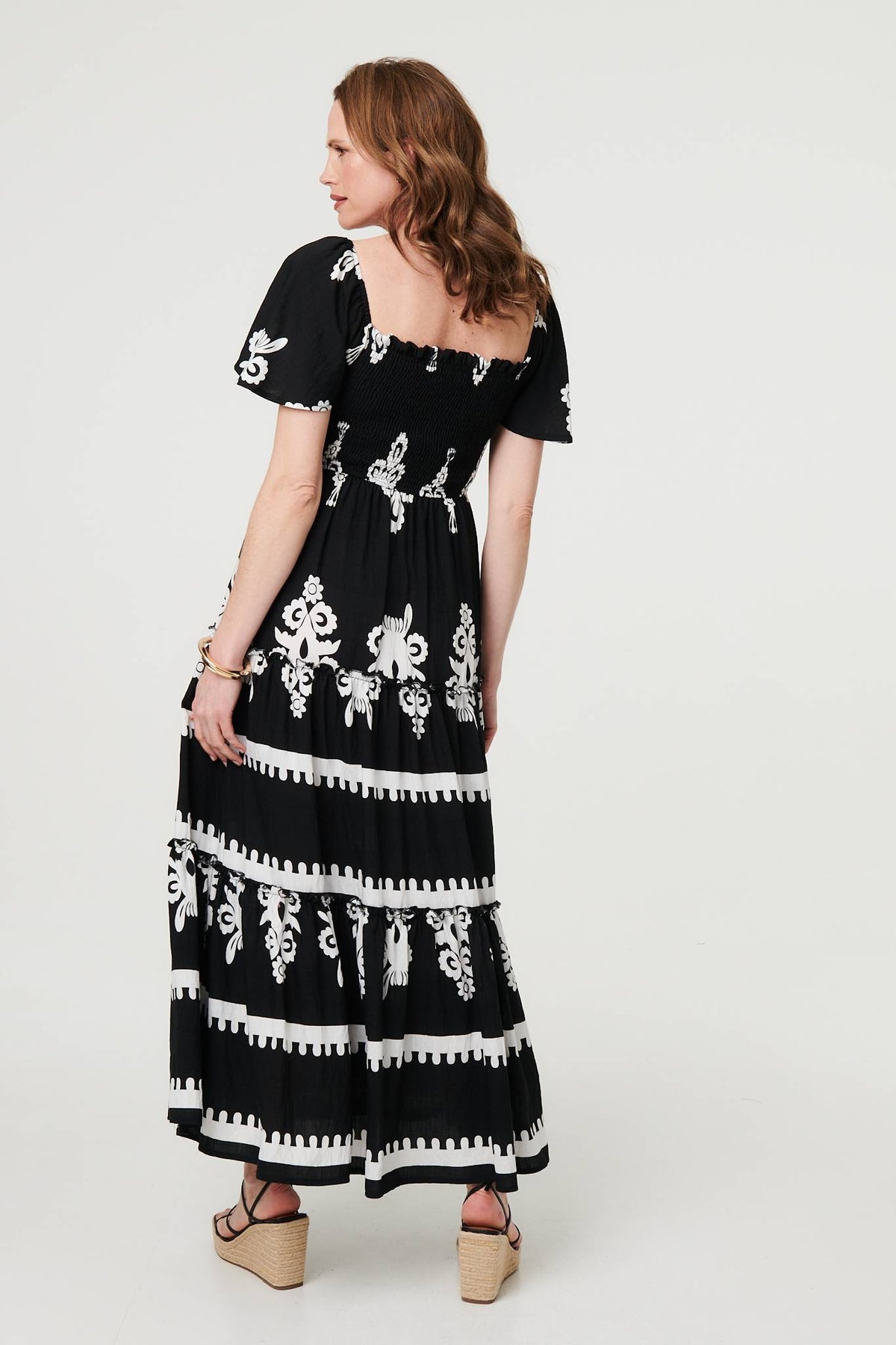 Ikat Print Short Angel Sleeve Maxi Dress Detail View