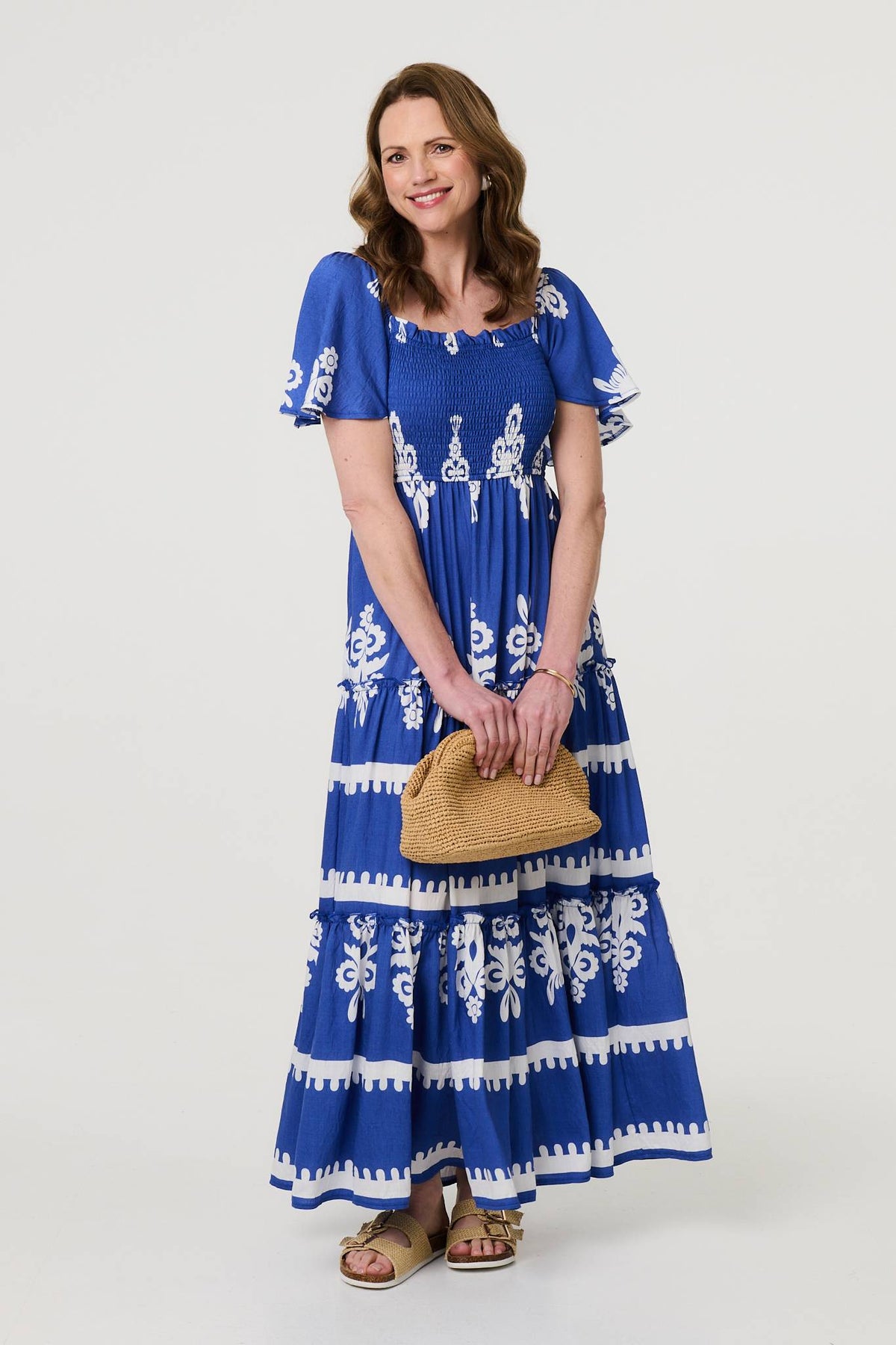 Ikat Print Short Angel Sleeve Maxi Dress Detail View 2