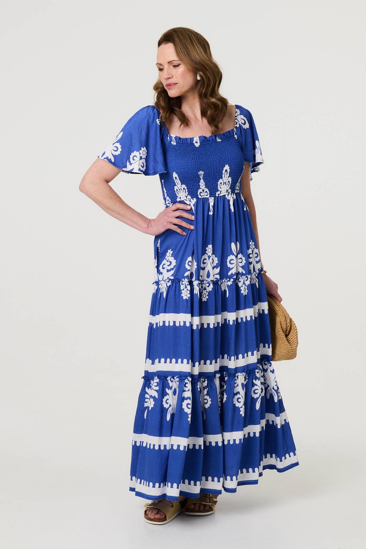 Ikat Print Short Angel Sleeve Maxi Dress Front View 3