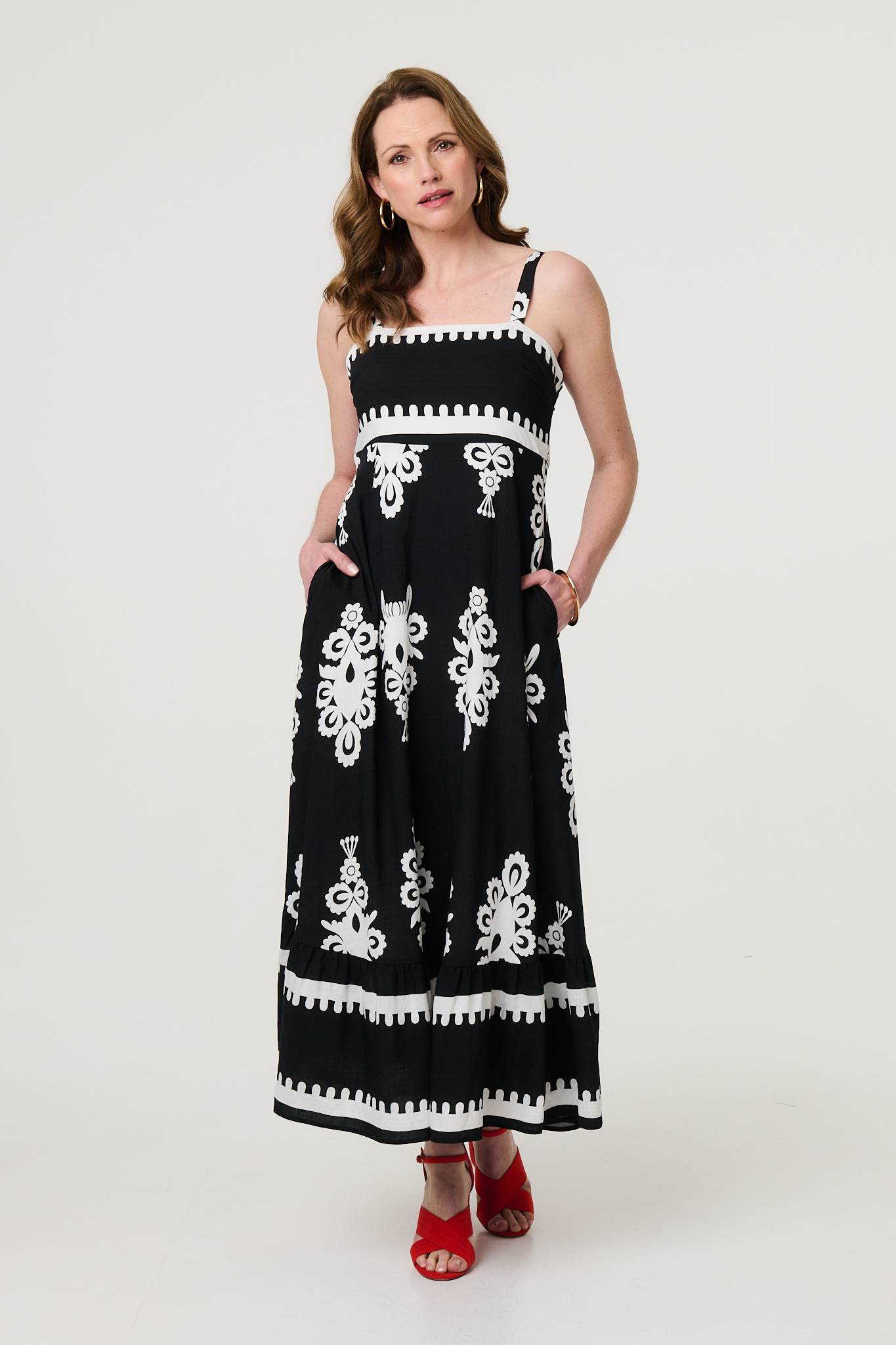 Ikat Print Sleeveless A-Line Maxi Dress Front View
