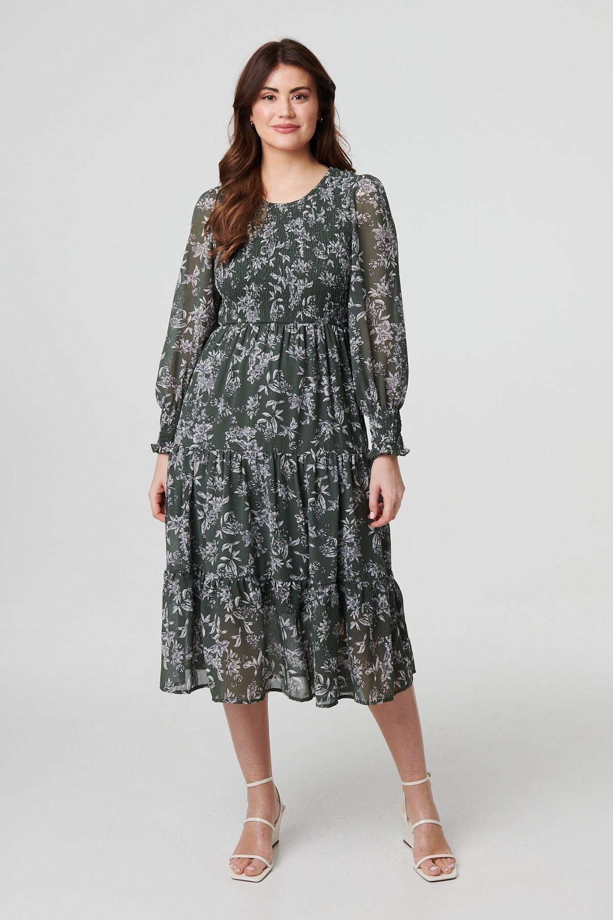 Floral Semi Sheer Smocked Midi Dress Front View