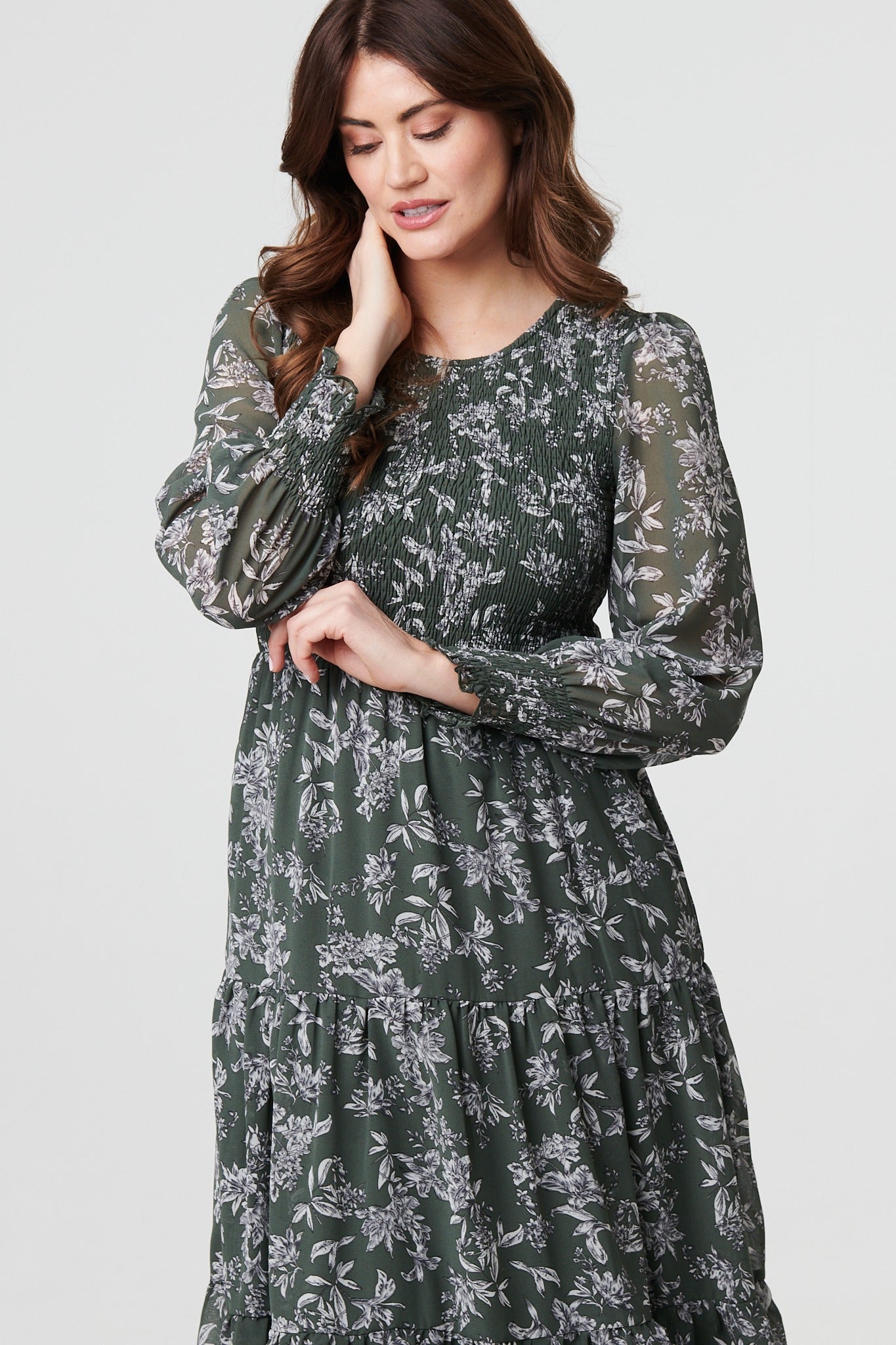 Floral Semi Sheer Smocked Midi Dress Styled View