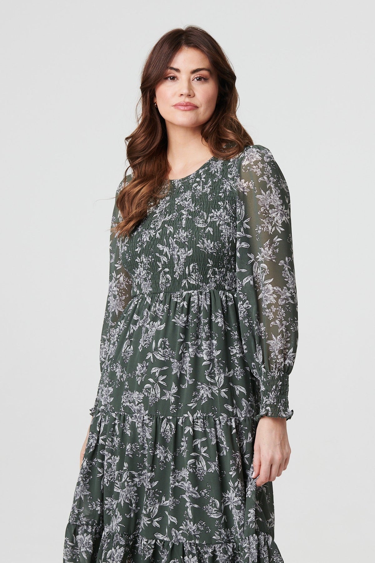 Floral Semi Sheer Smocked Midi Dress Back View