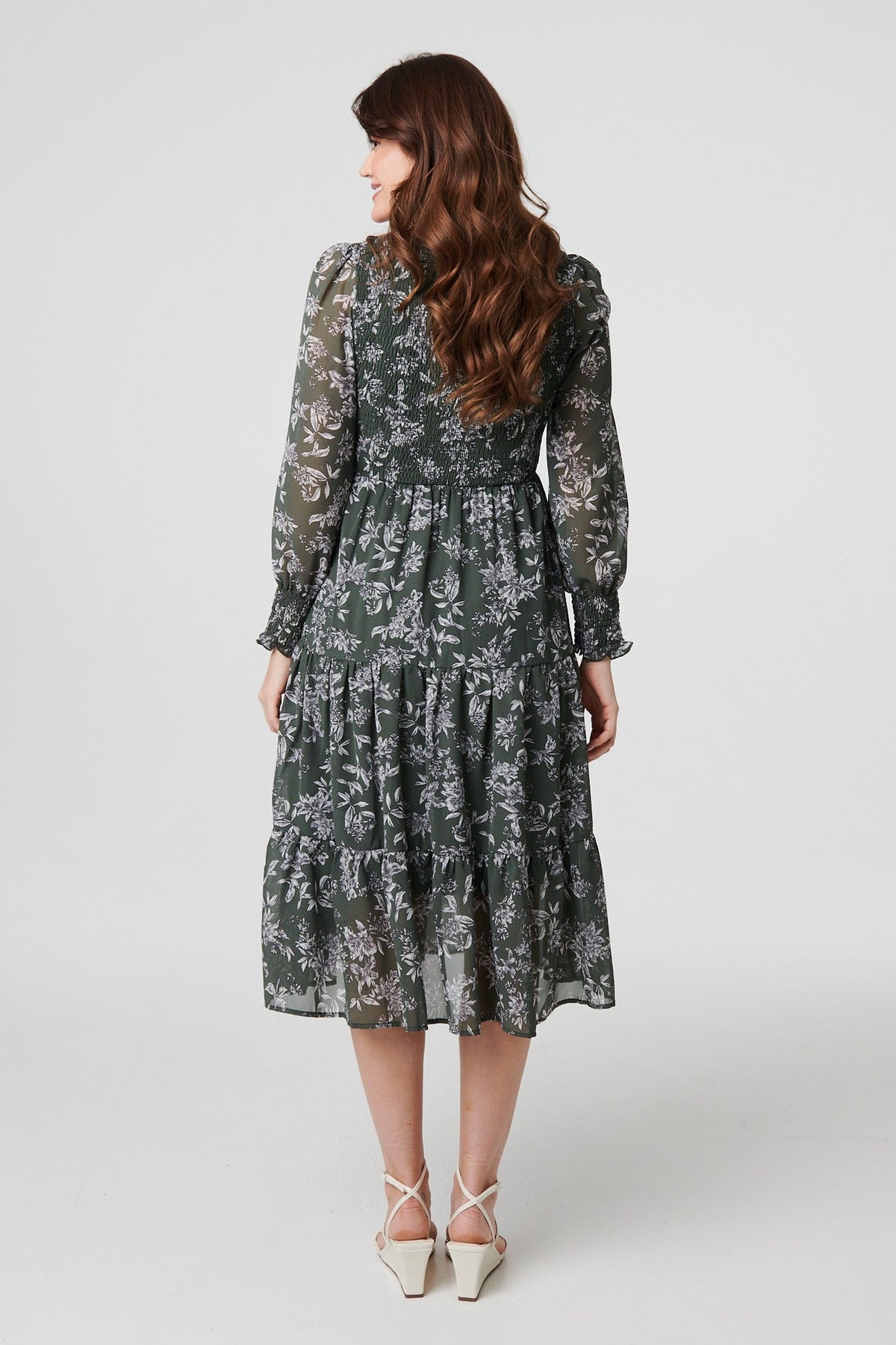 Floral Semi Sheer Smocked Midi Dress Side View