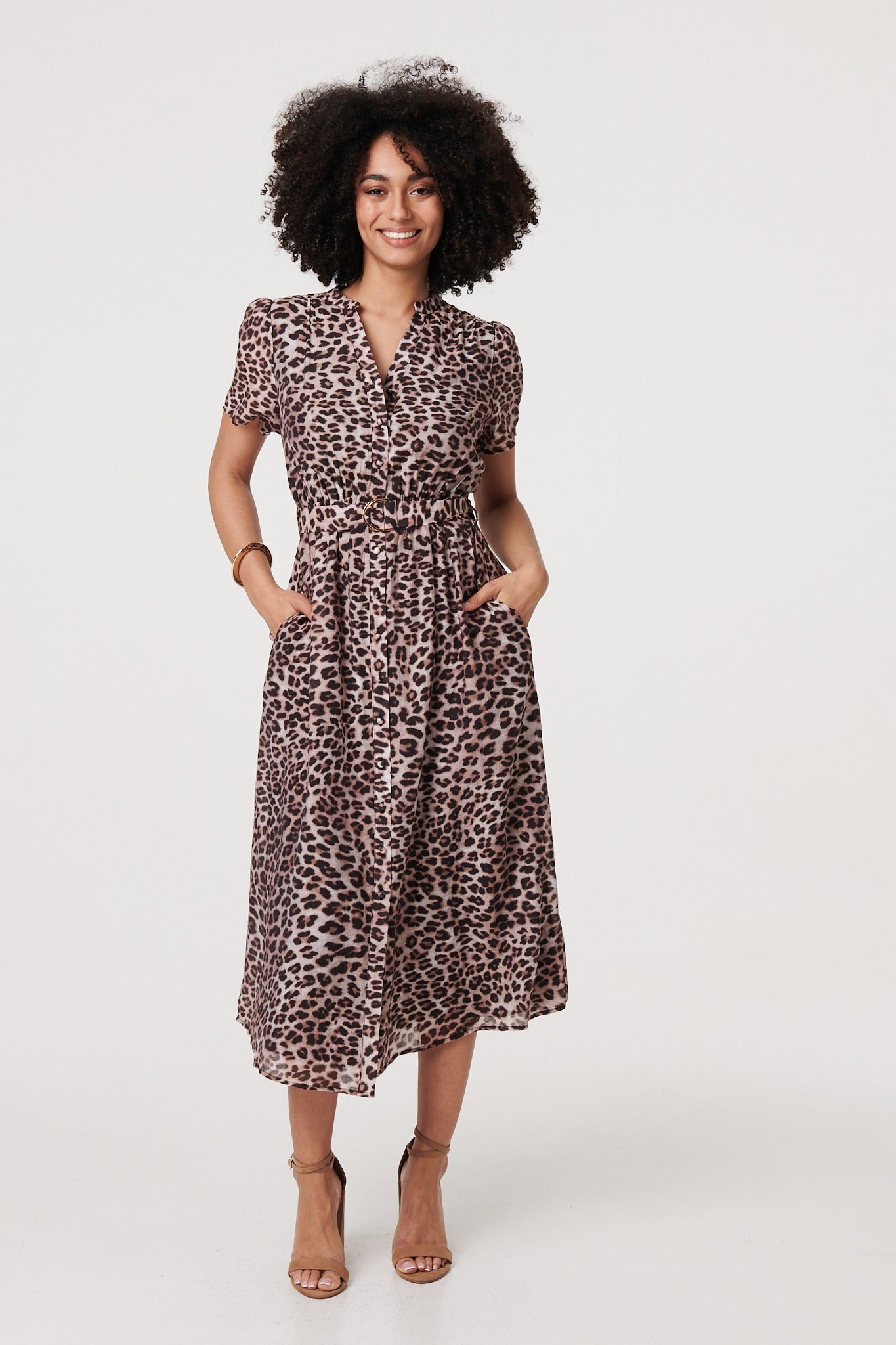 Animal Print Belted Midi Shirt Dress Front View