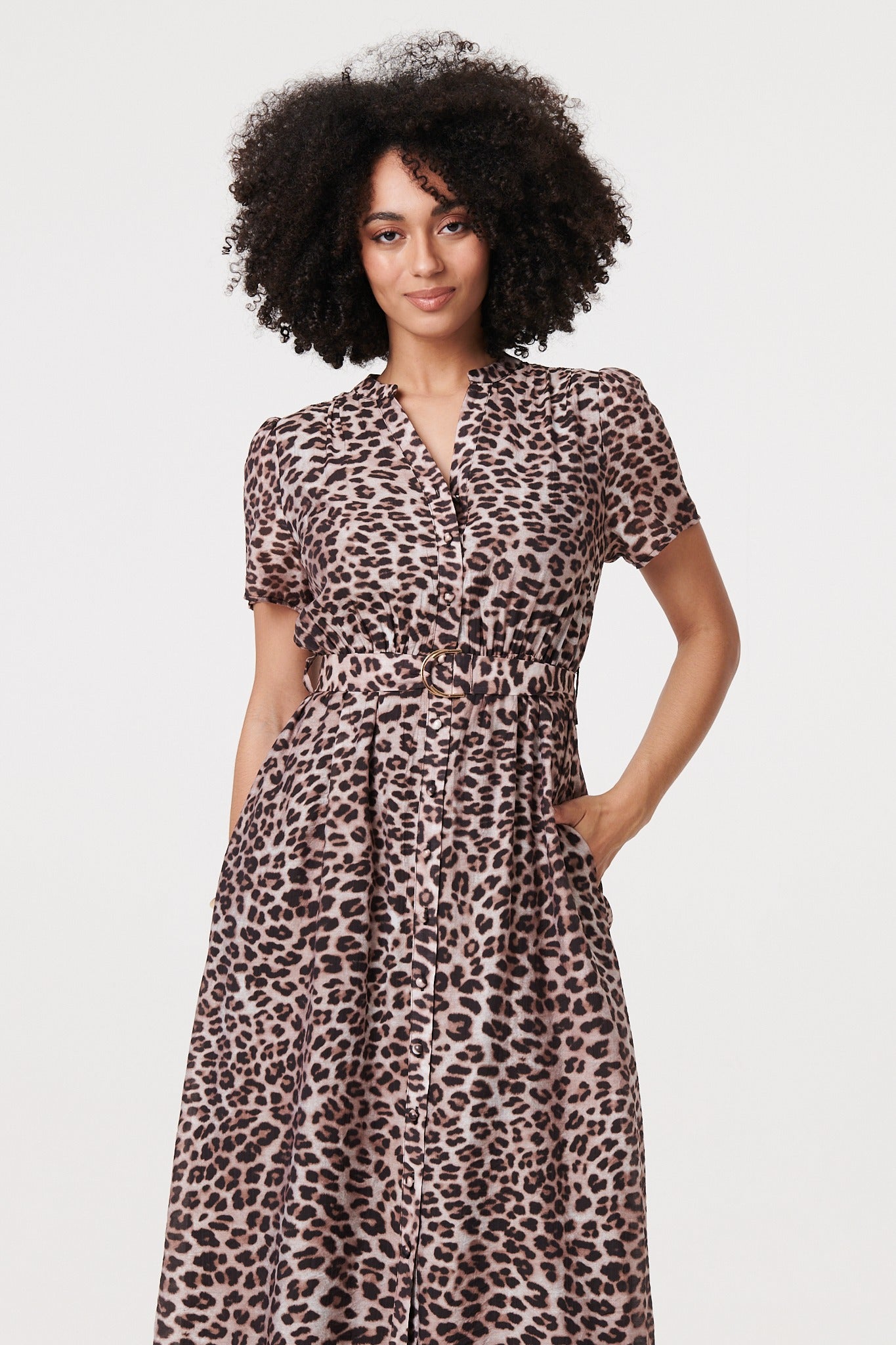 Animal Print Belted Midi Shirt Dress Styled View