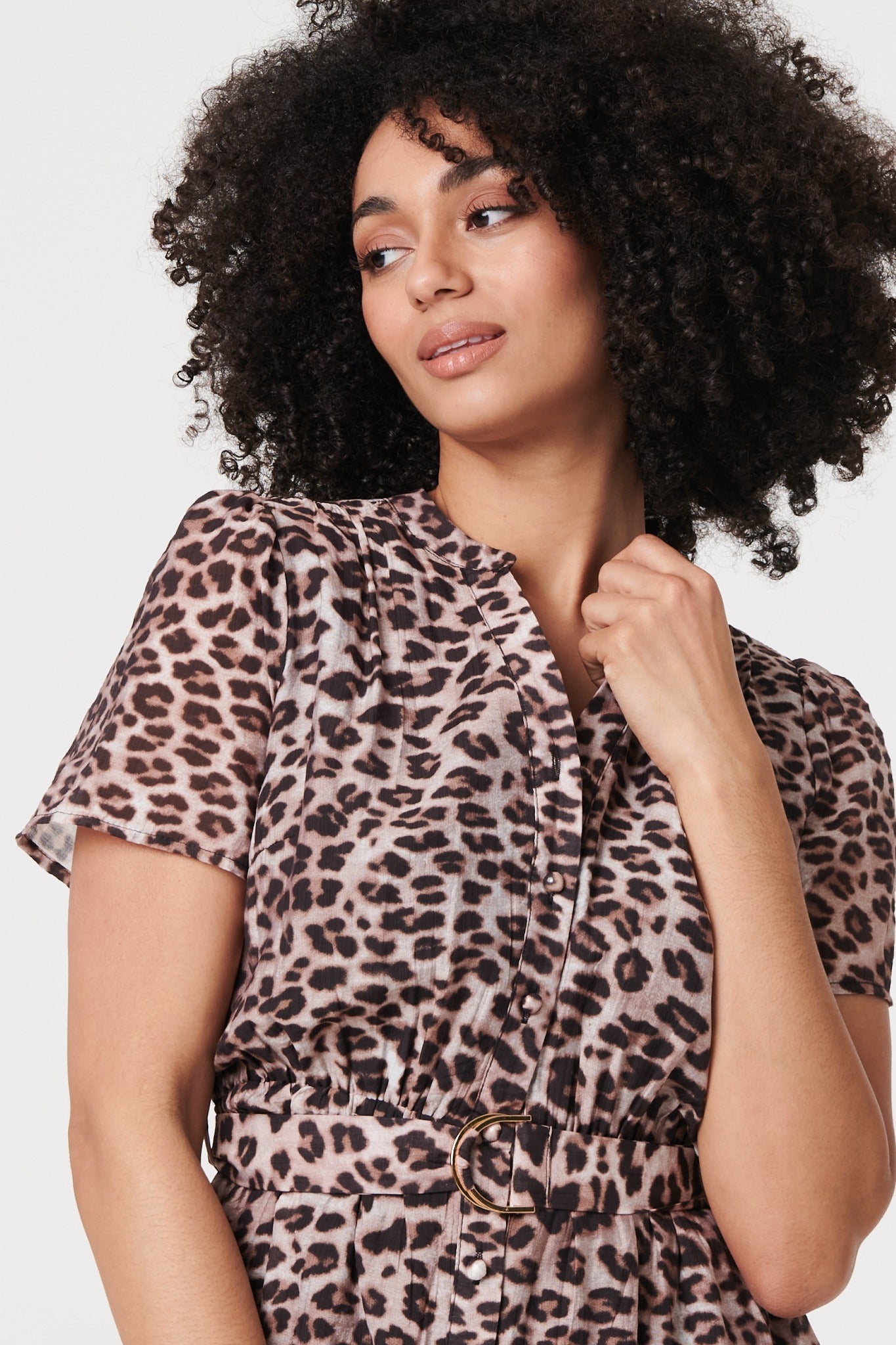 Animal Print Belted Midi Shirt Dress Back View