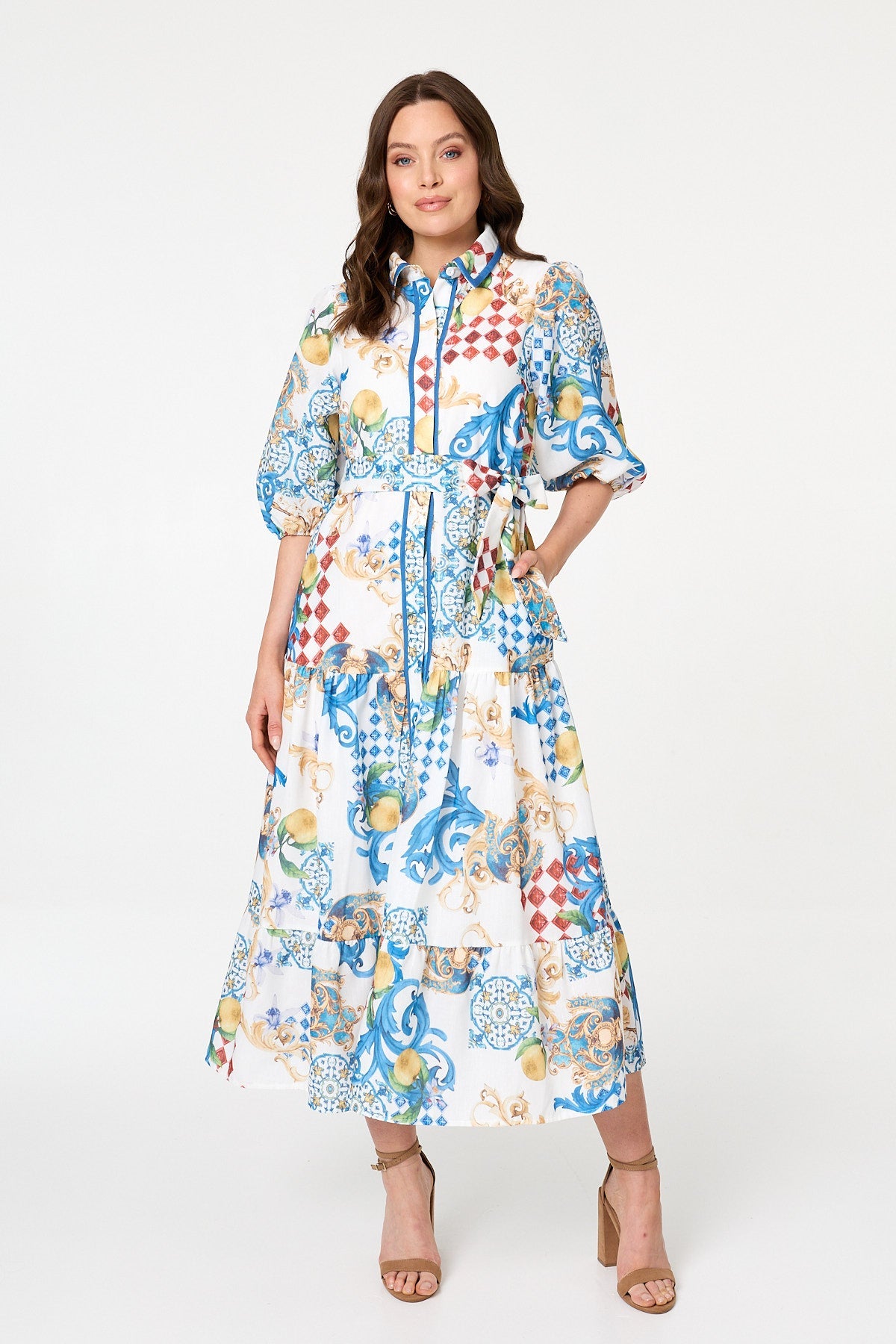 Printed 1/2 Puff Sleeve Shirt Midi Dress Front View