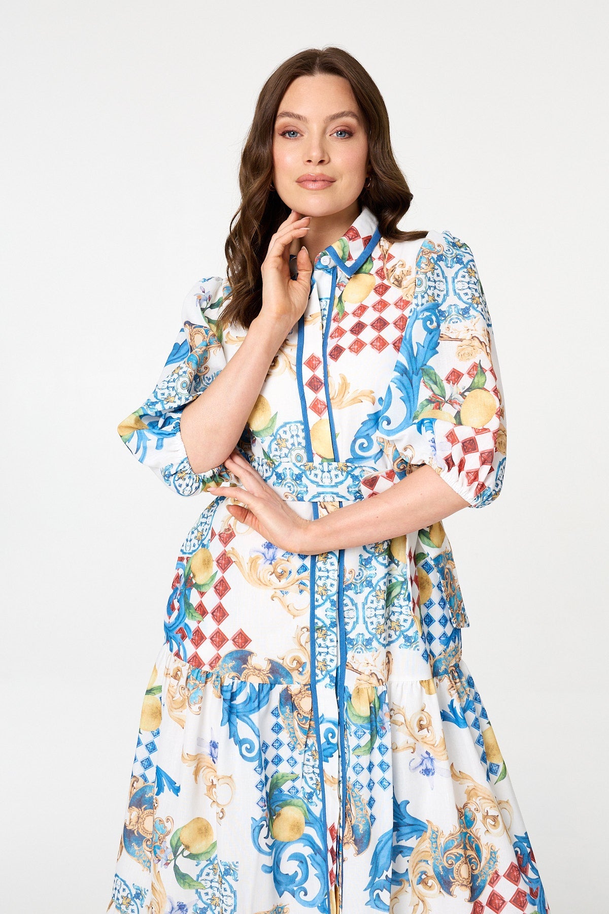 Printed 1/2 Puff Sleeve Shirt Midi Dress Back View