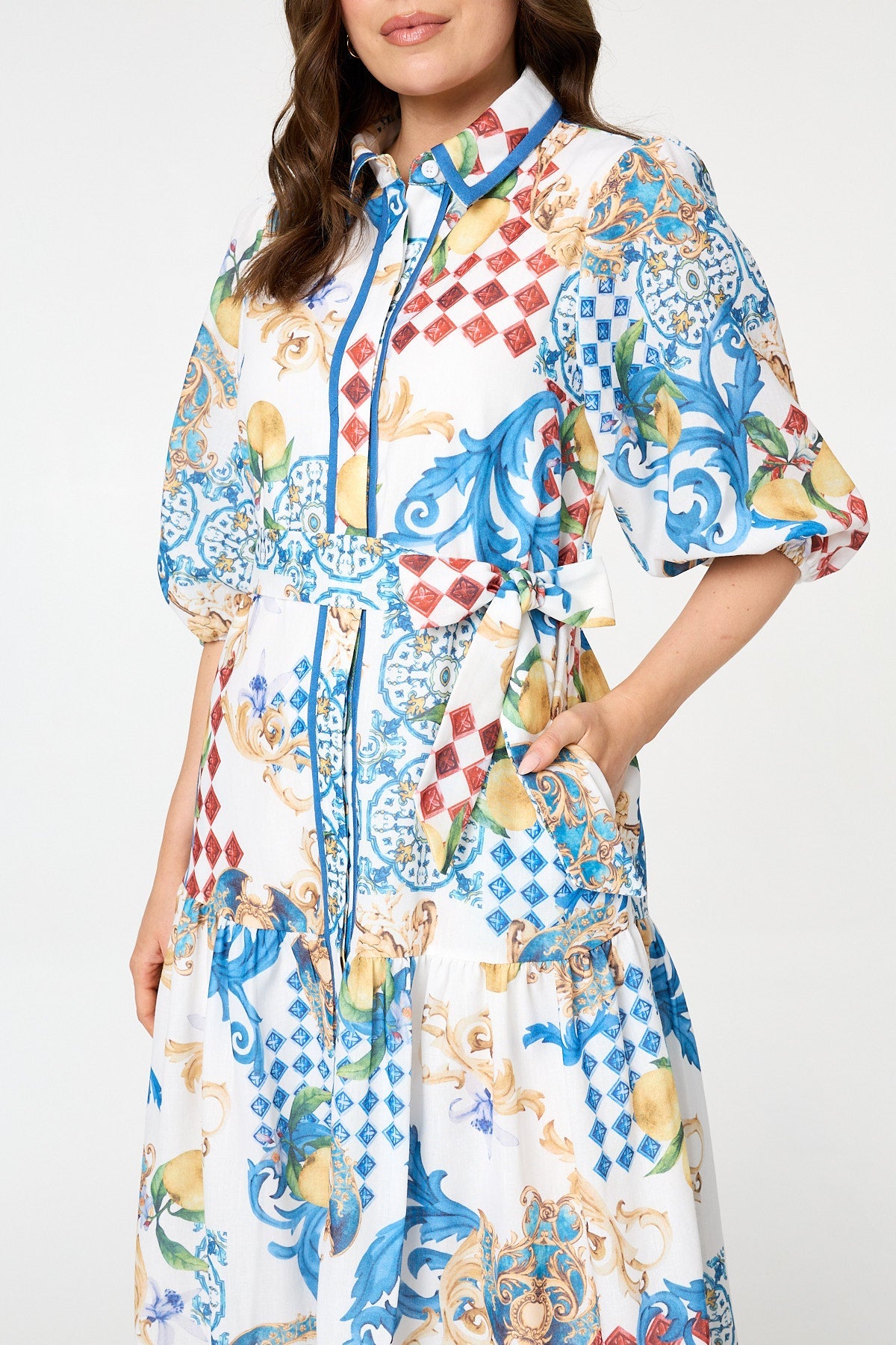Printed 1/2 Puff Sleeve Shirt Midi Dress Styled View