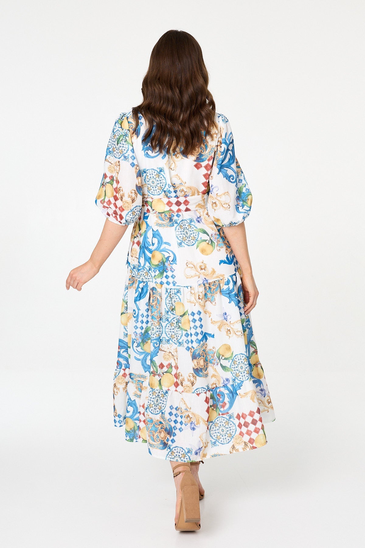Printed 1/2 Puff Sleeve Shirt Midi Dress Side View