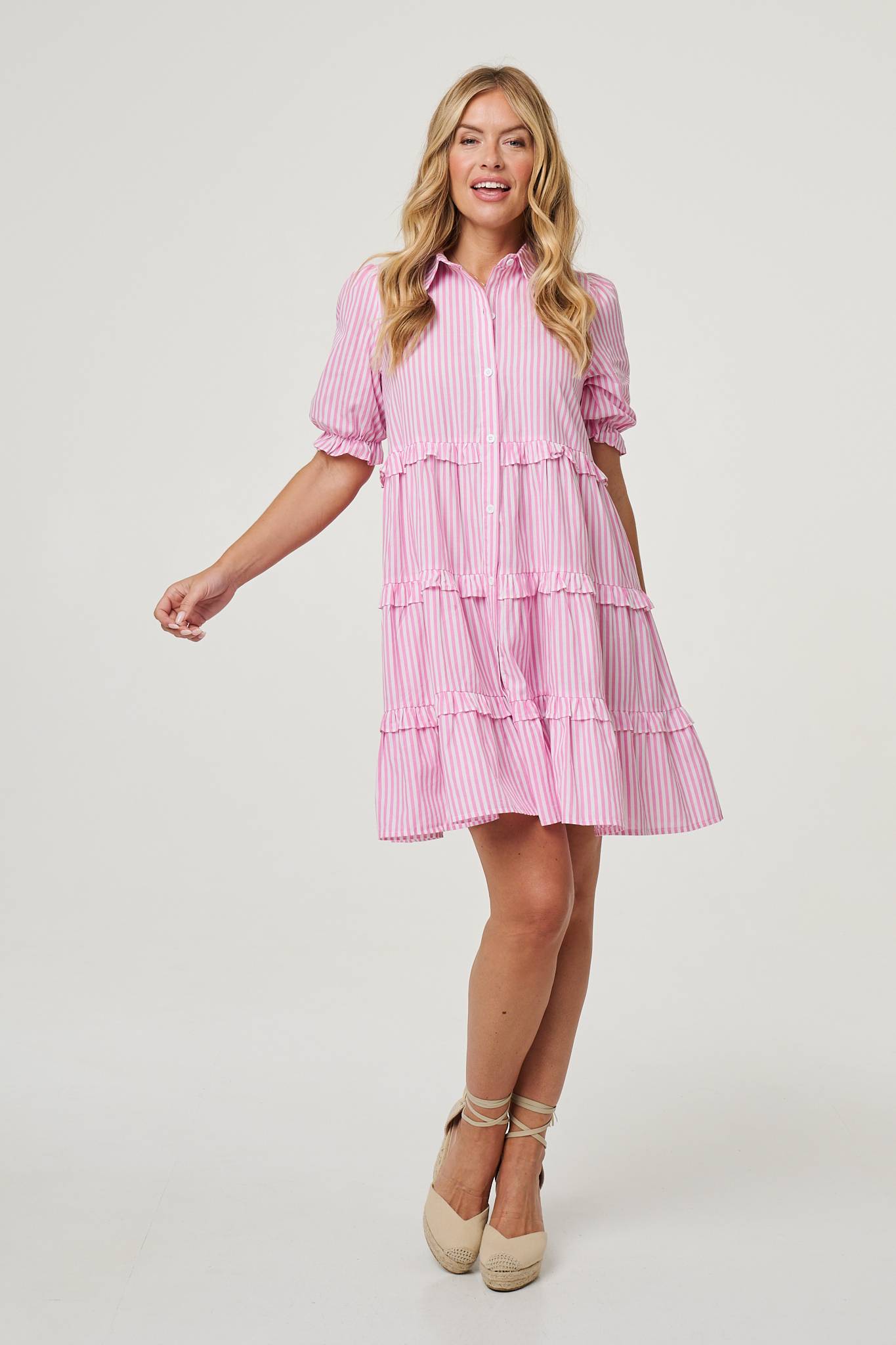 Striped 1/2 Sleeve Short Shirt Dress Front View