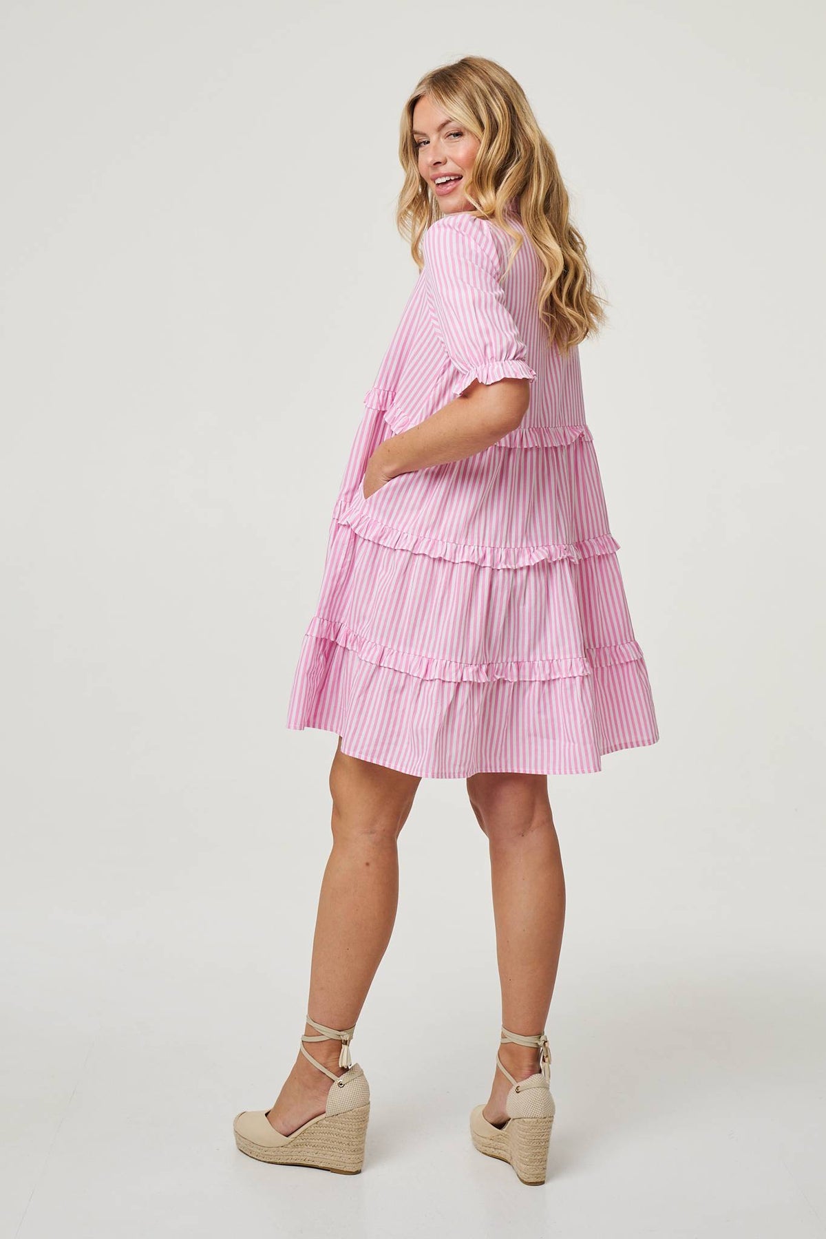 Striped 1/2 Sleeve Short Shirt Dress Detail View