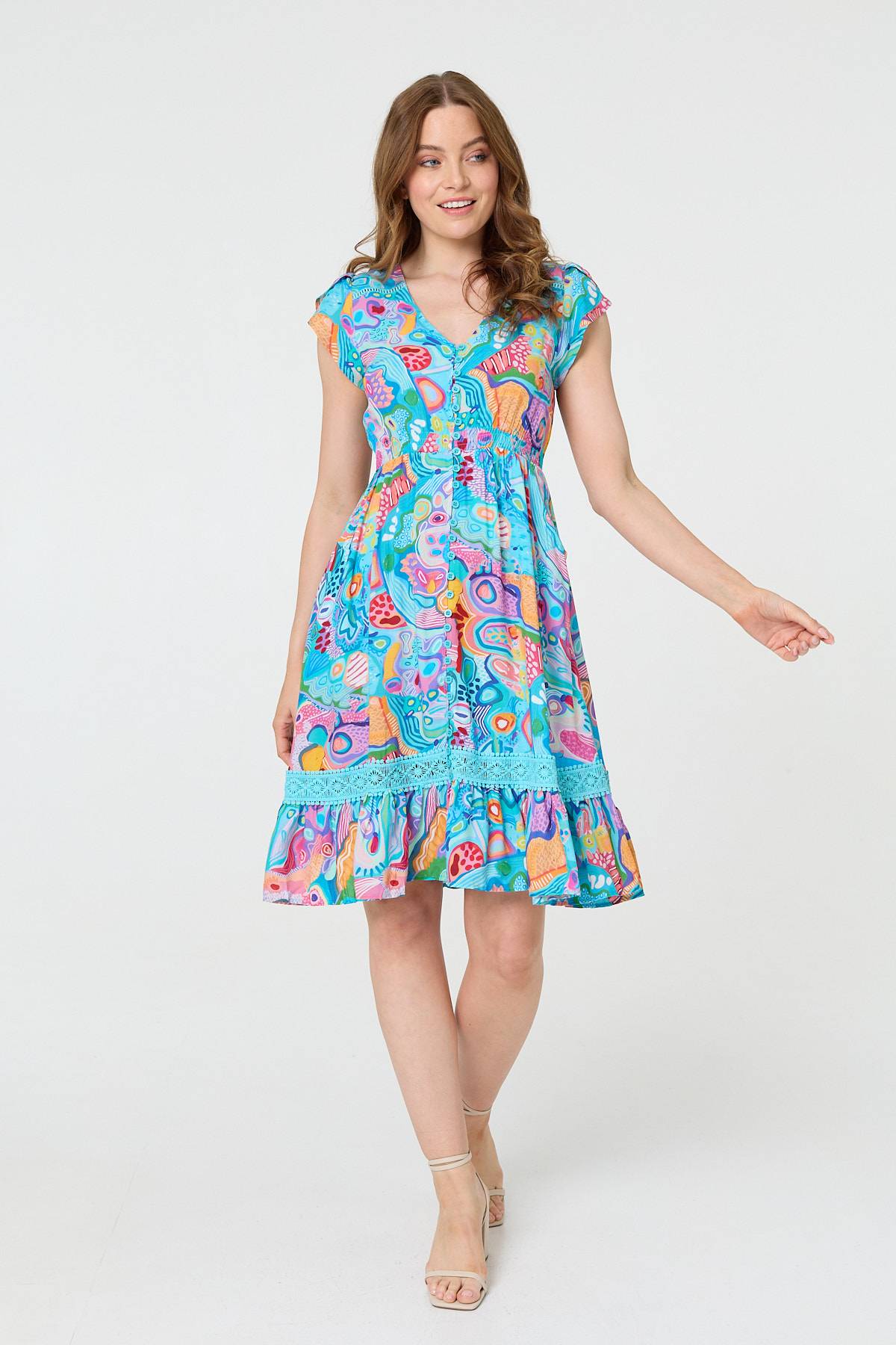 Abstract Shirred Lace Trim Midi Dress Back View