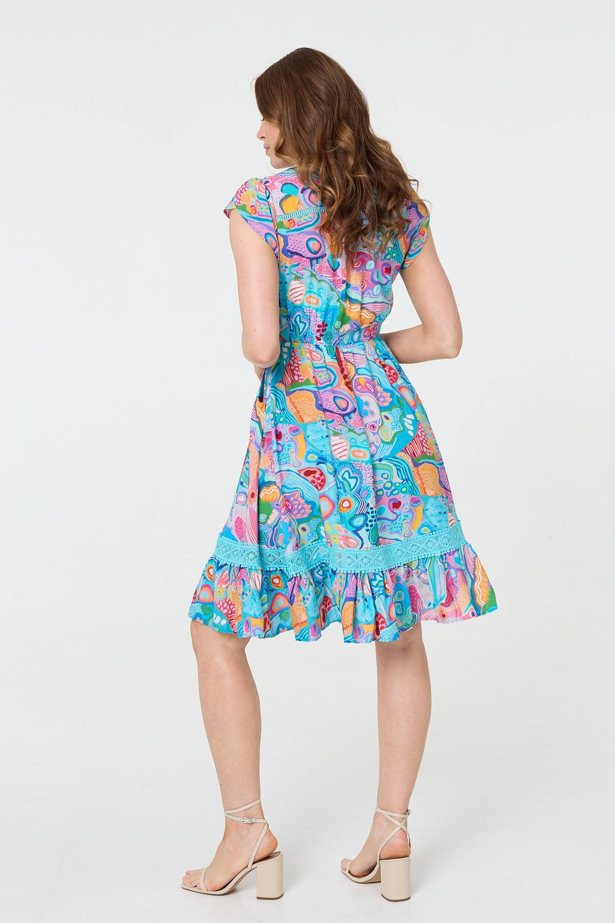 Abstract Shirred Lace Trim Midi Dress Side View