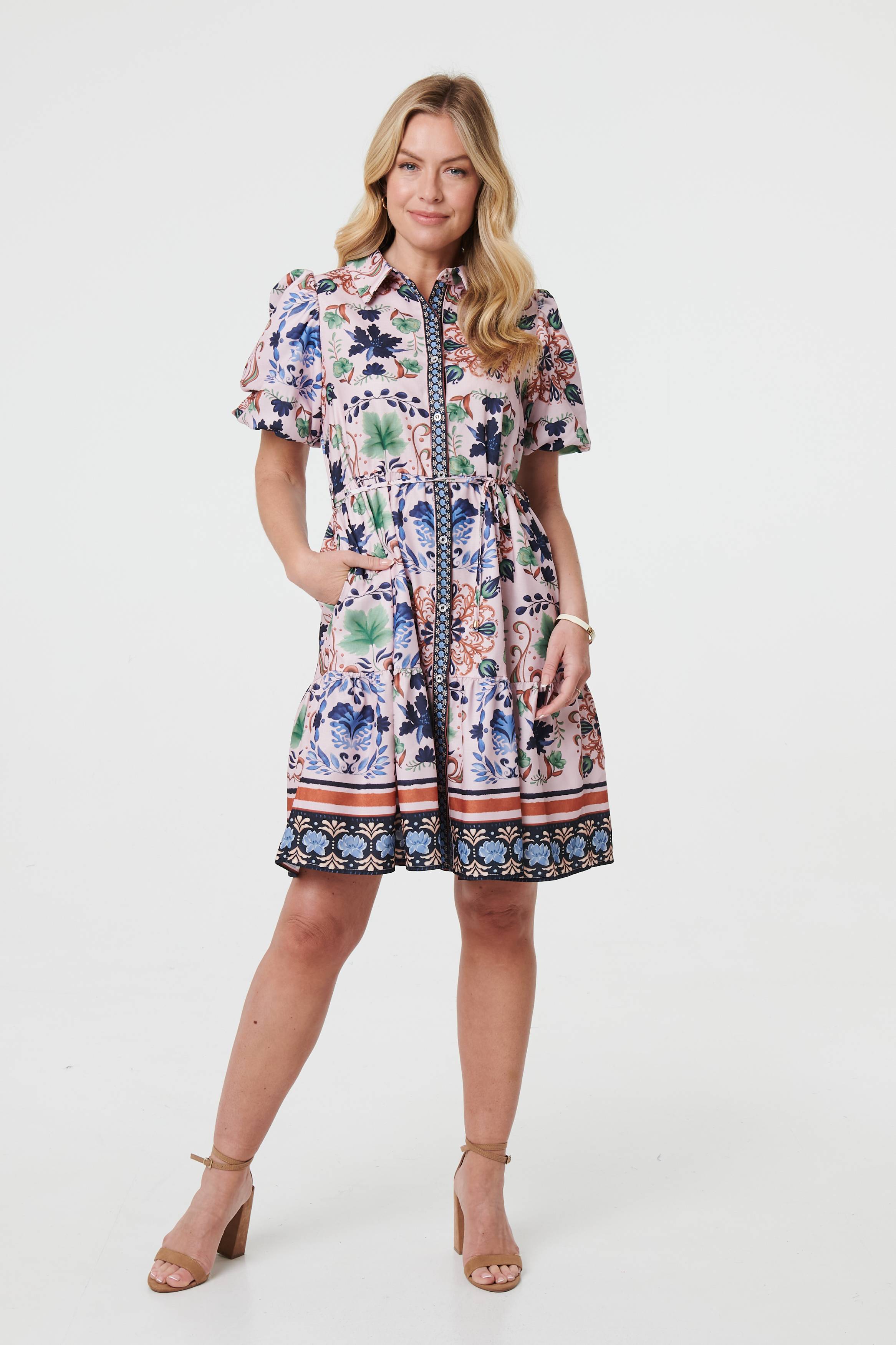 Printed Tie-Up Waist Knee Length Dress Front View