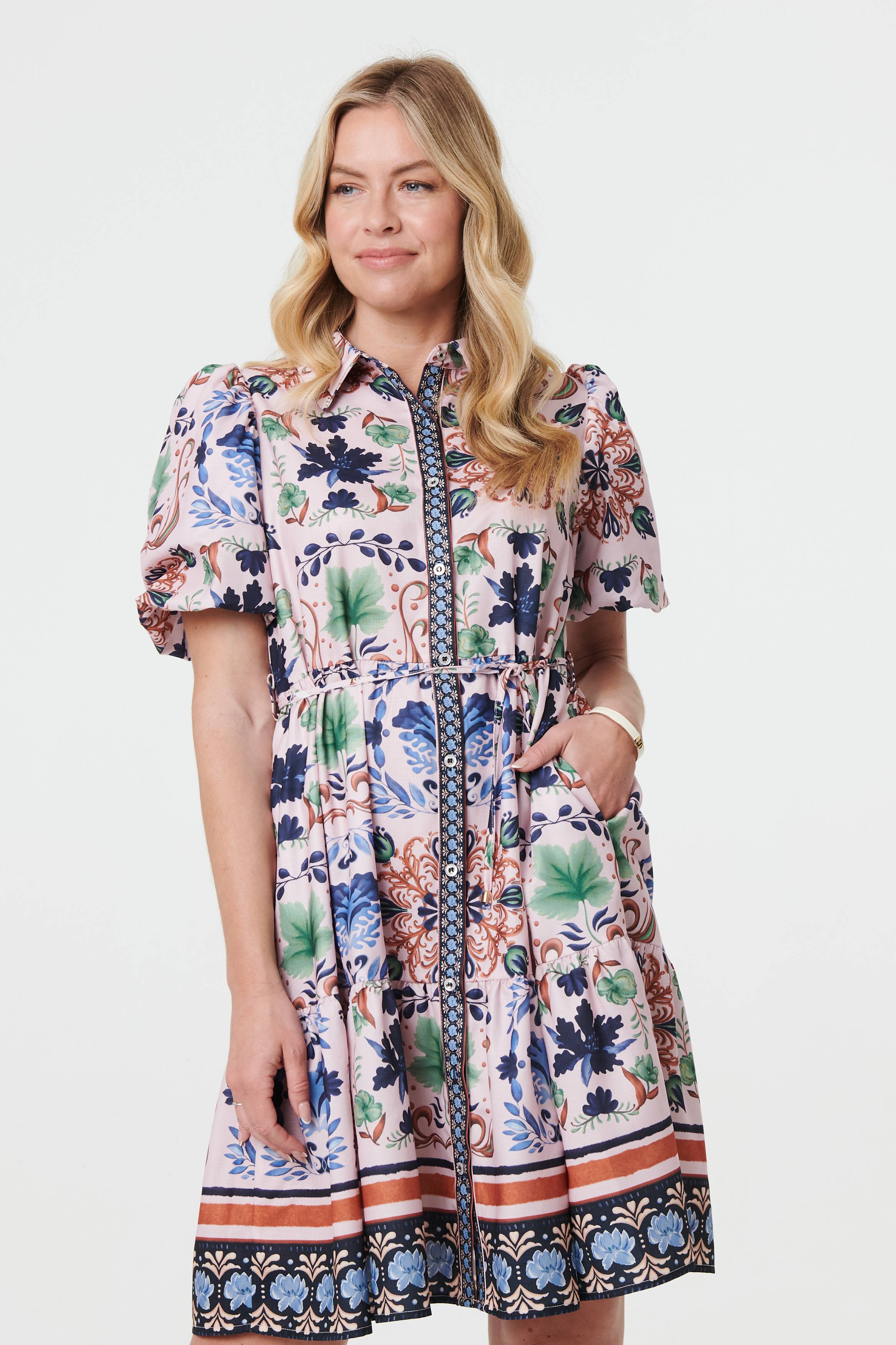 Printed Tie-Up Waist Knee Length Dress Styled View