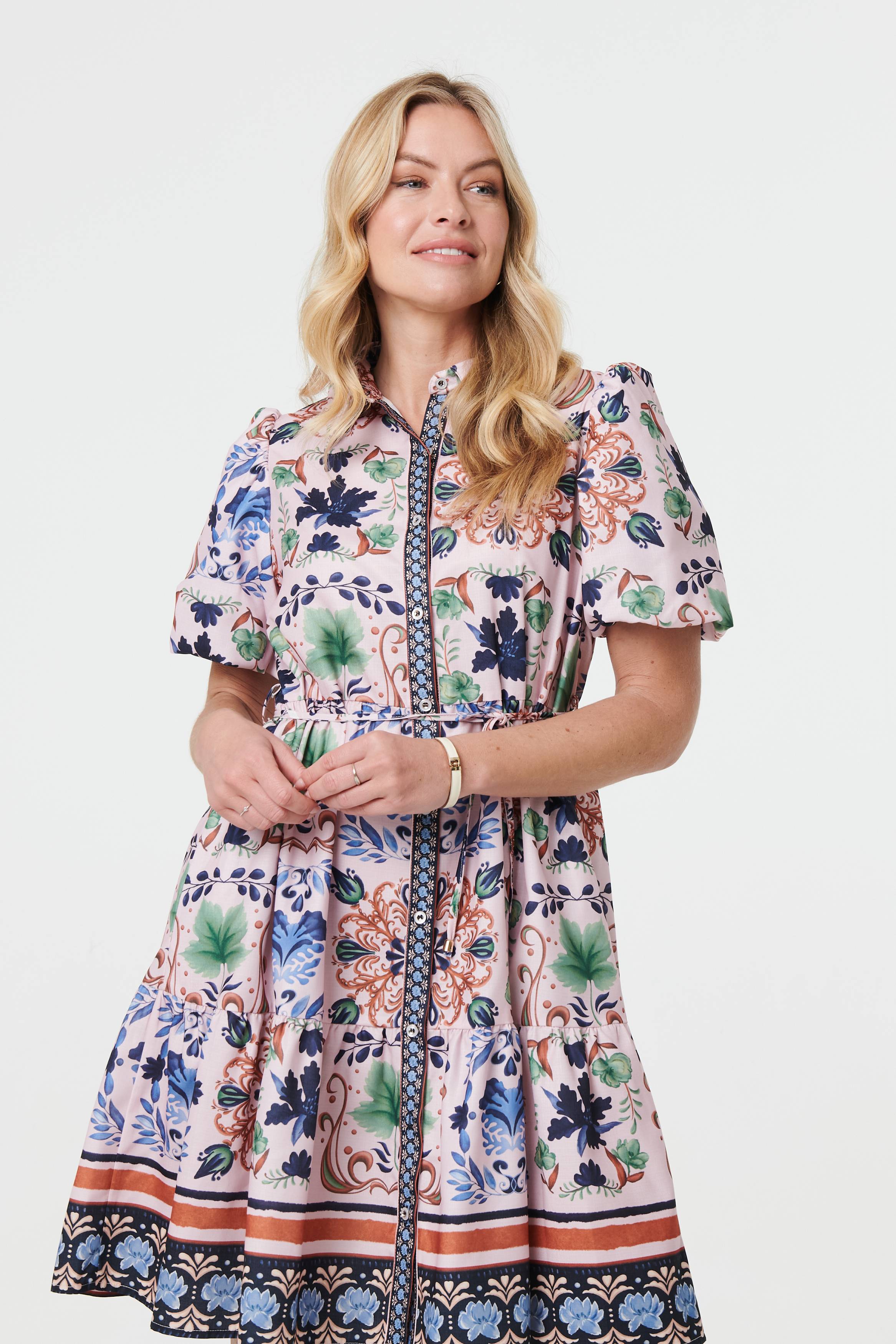 Printed Tie-Up Waist Knee Length Dress Back View