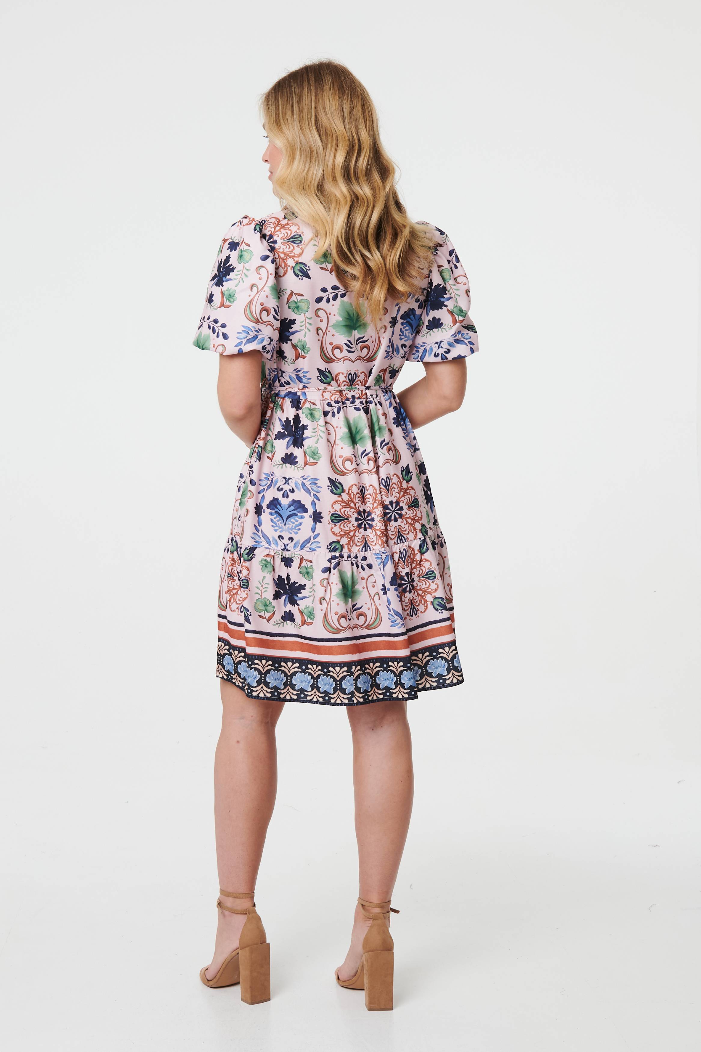 Printed Tie-Up Waist Knee Length Dress Side View
