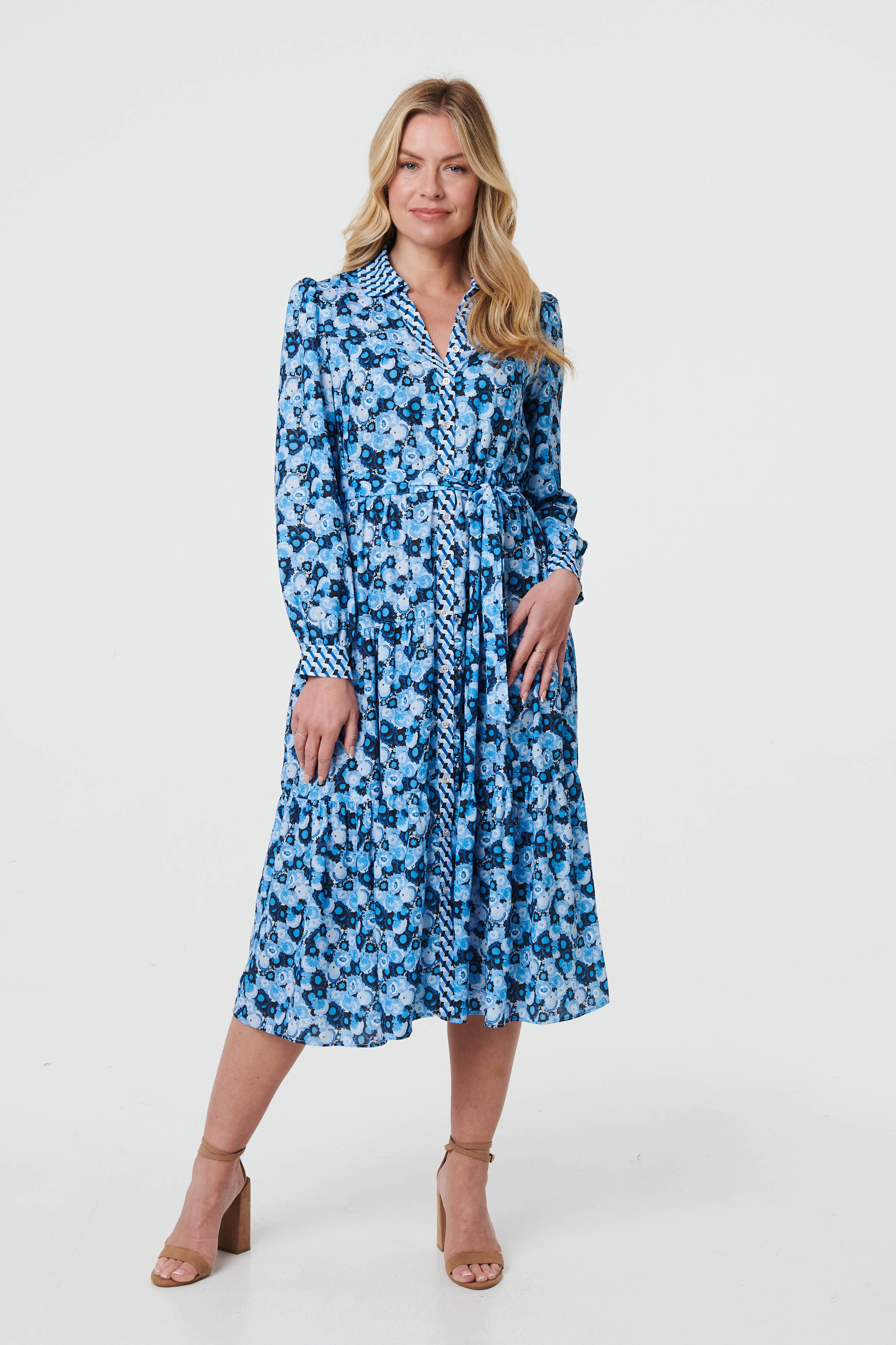 Floral Tie Waist Midi Shirt Dress Front View