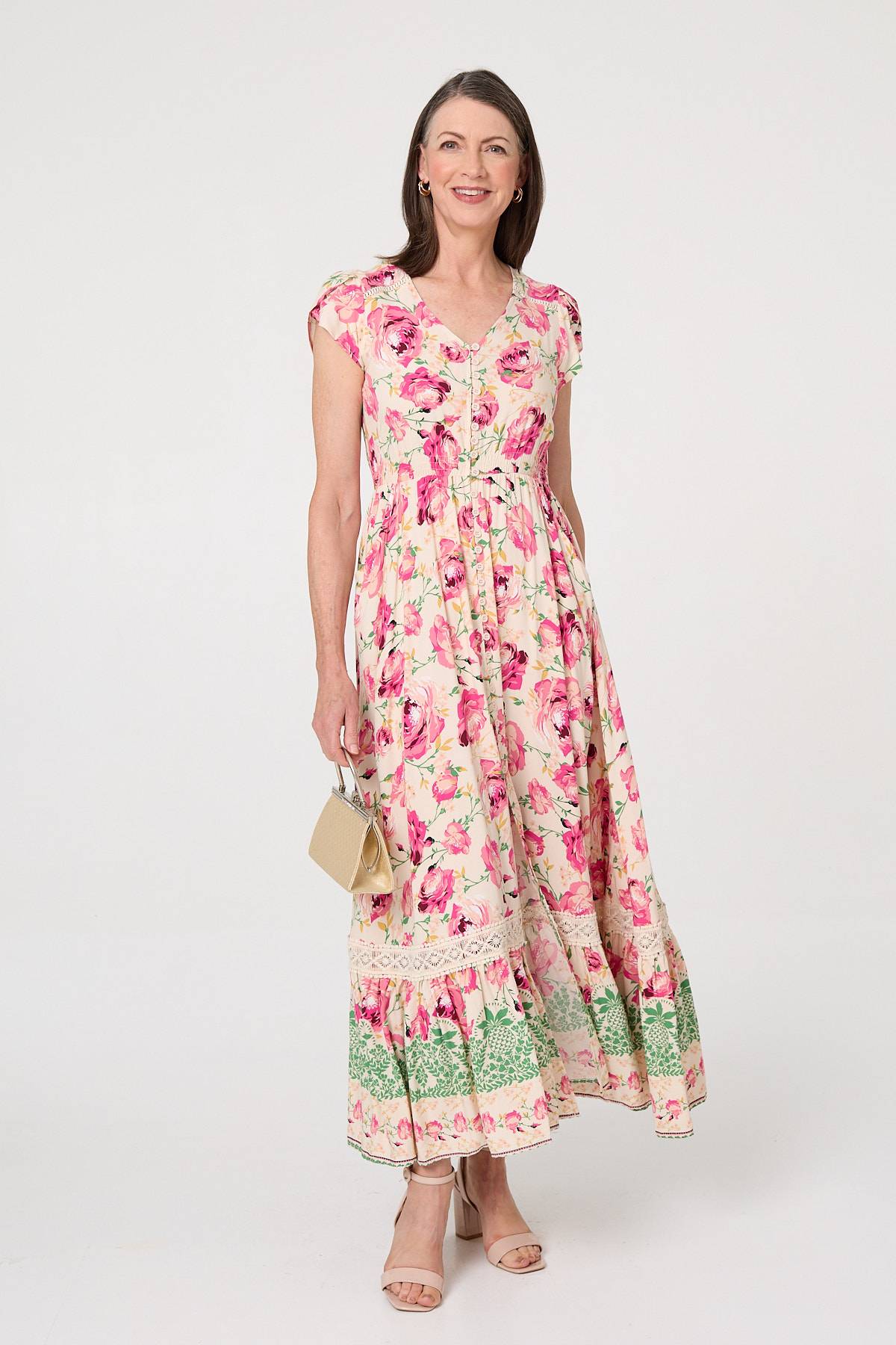 Floral Lace Trim Relaxed Maxi Dress Front View