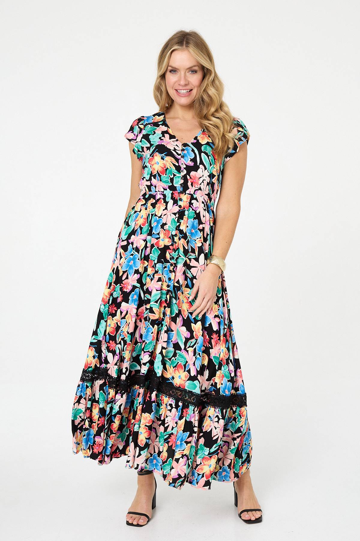 Floral Lace Trim Cap Sleeve Maxi Dress Side View 2