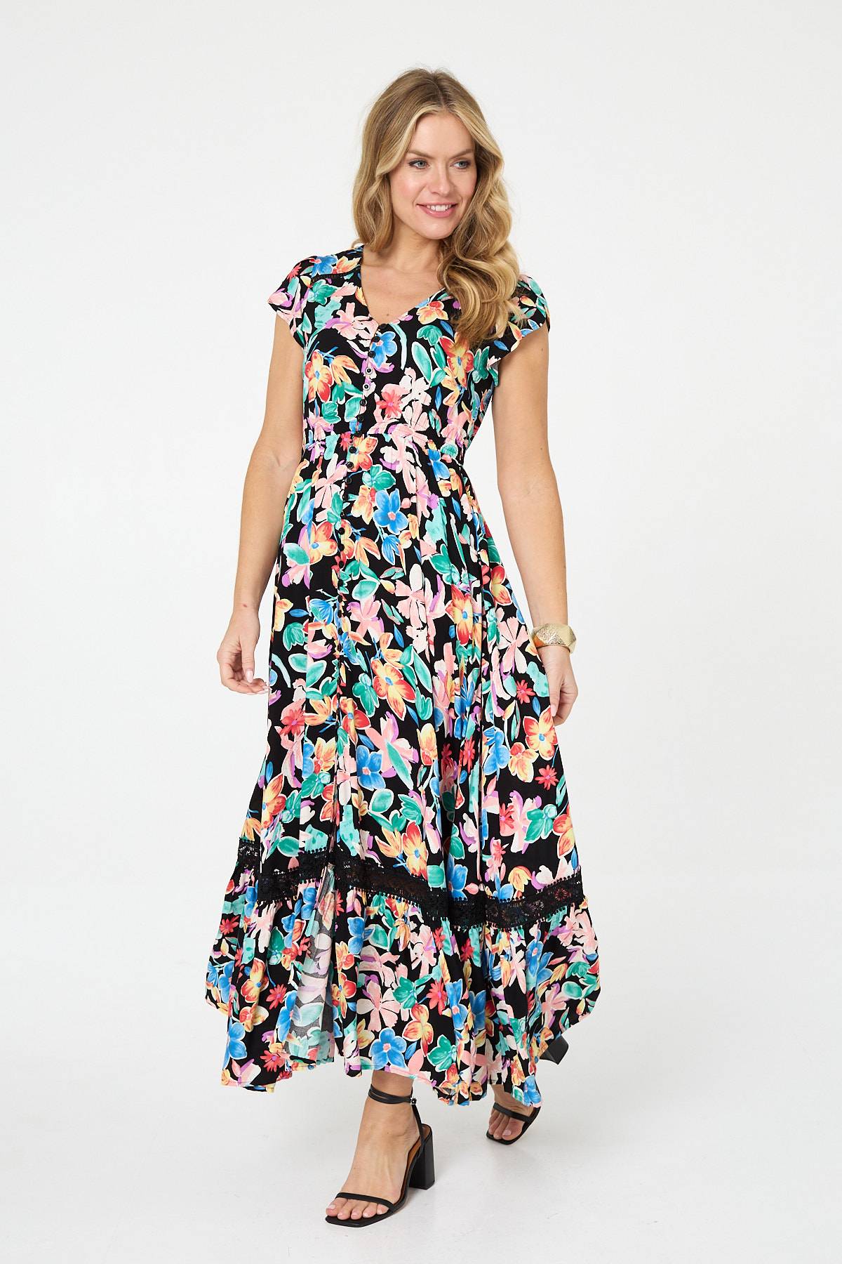 Floral Lace Trim Cap Sleeve Maxi Dress Front View