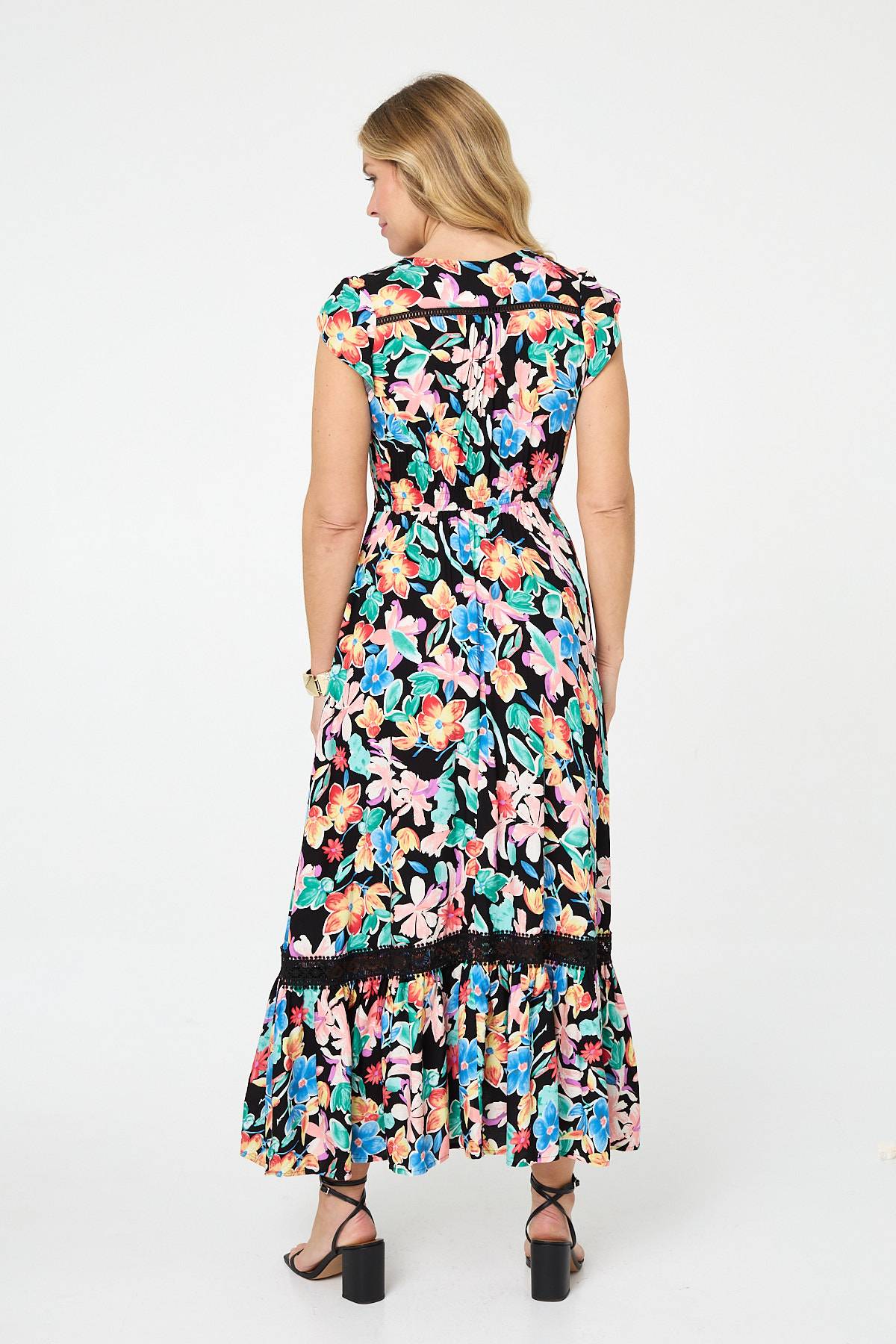 Floral Lace Trim Cap Sleeve Maxi Dress Side View