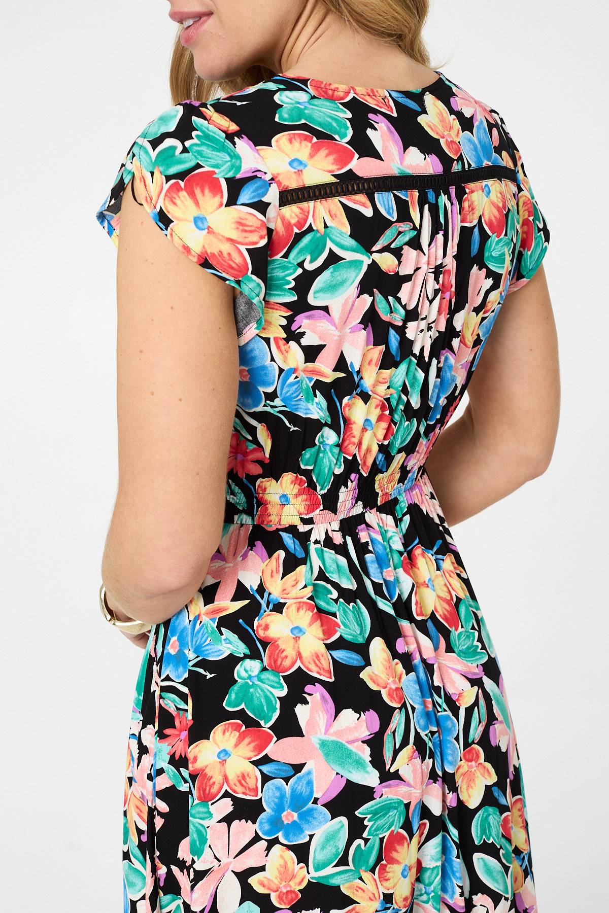 Floral Lace Trim Cap Sleeve Maxi Dress Full Length View