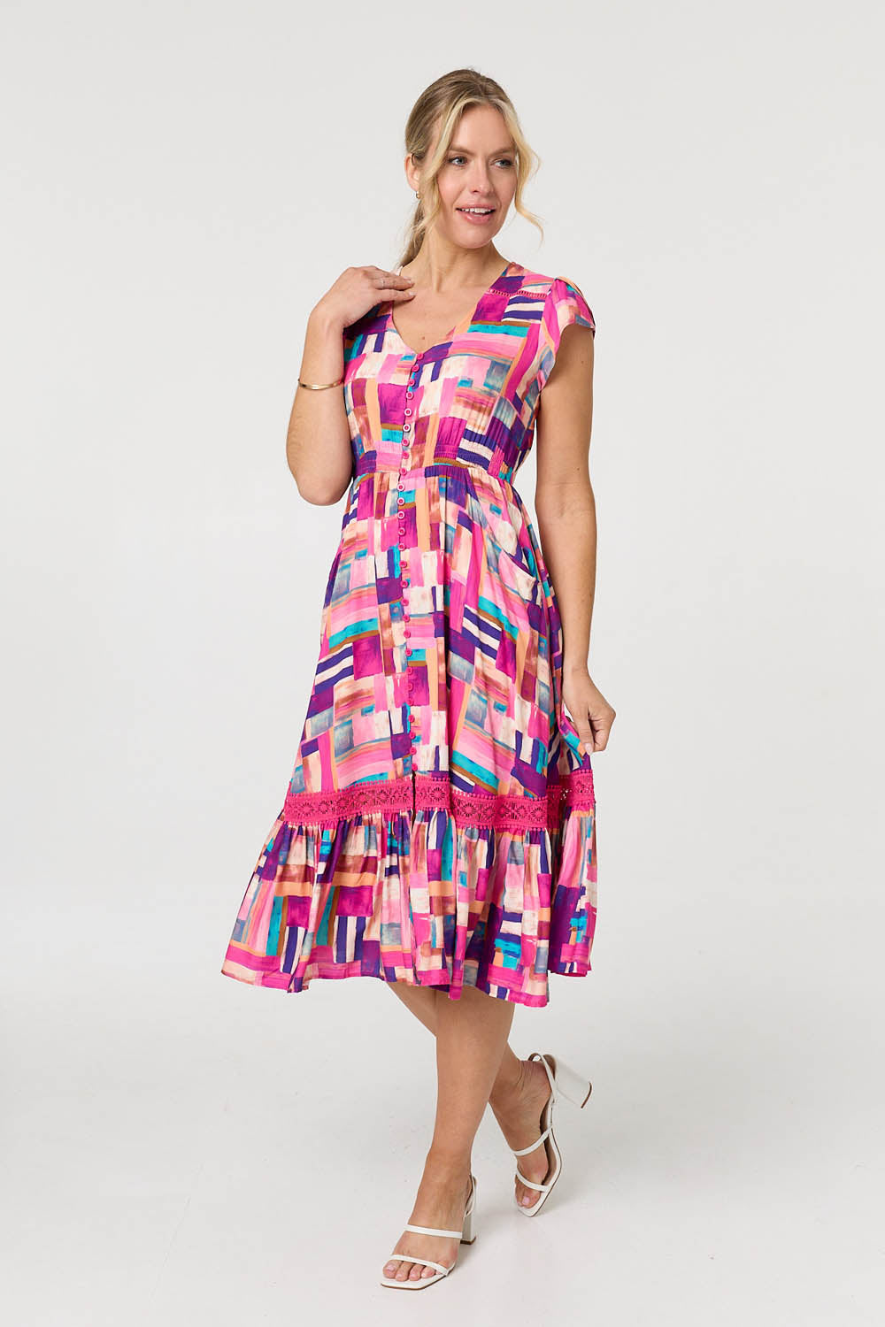 Geo Print Cap Sleeve Shirred Midi Dress Front View
