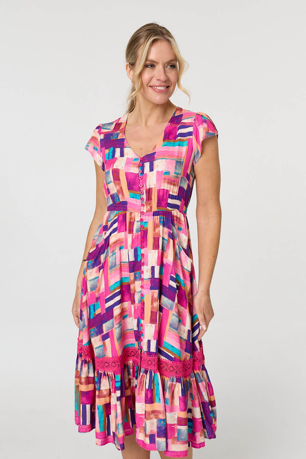 Geo Print Cap Sleeve Shirred Midi Dress Back View