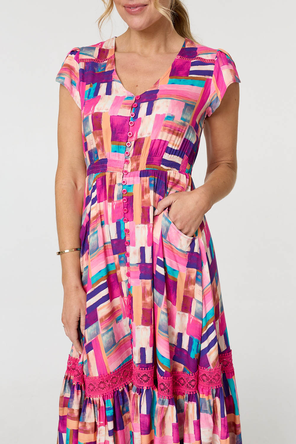 Geo Print Cap Sleeve Shirred Midi Dress Styled View