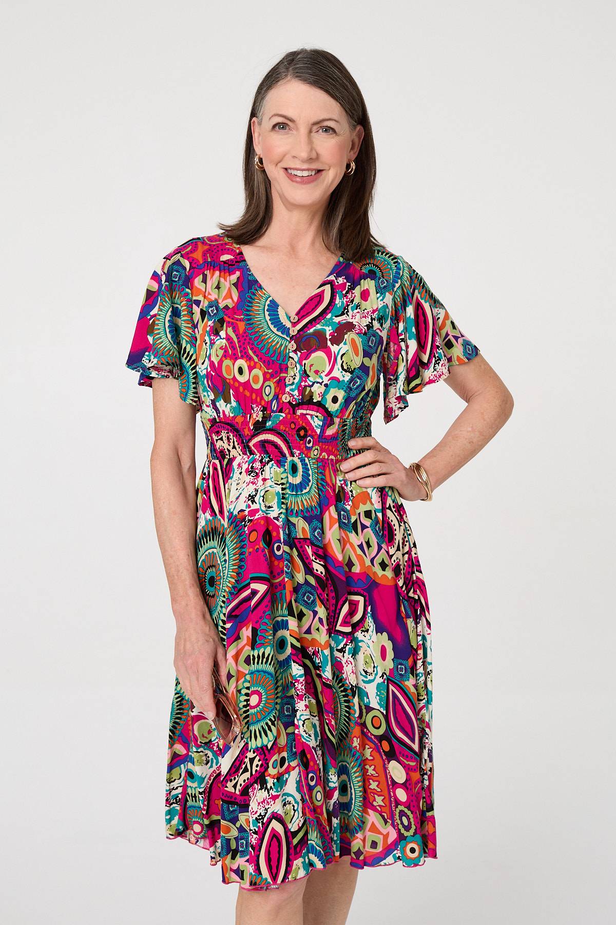 Abstract Print V-Neck Knee Length Dress Front View