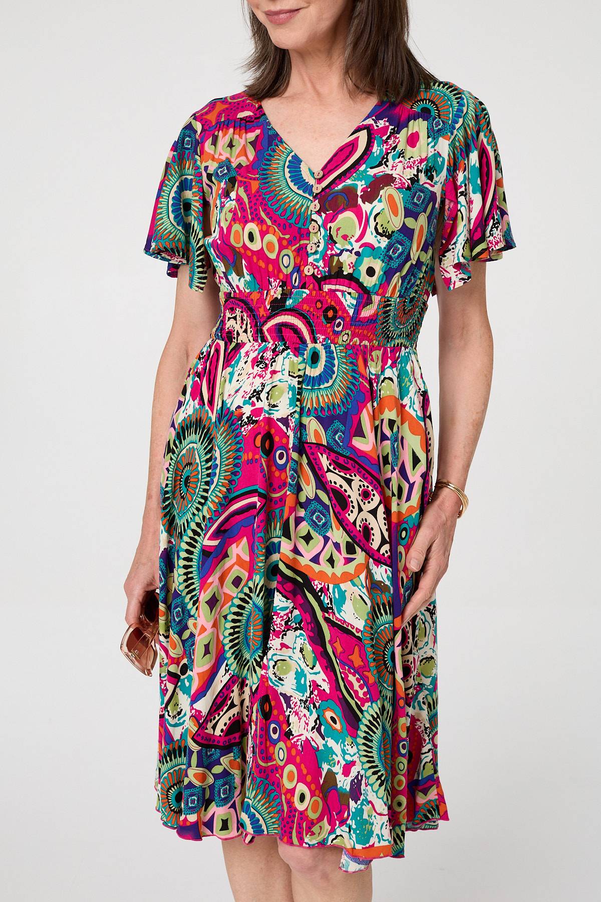 Abstract Print V-Neck Knee Length Dress Full Length View