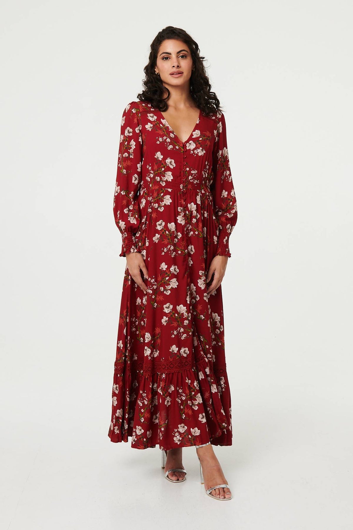 Floral Long Sleeve Lace Trim Maxi Dress Back View