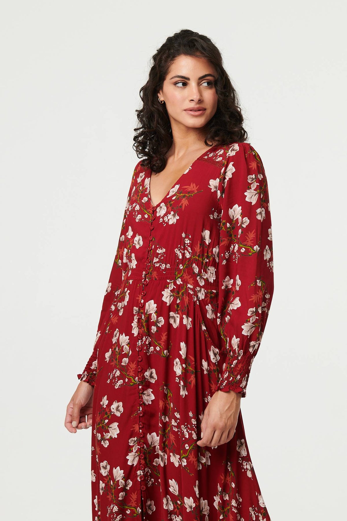 Floral Long Sleeve Lace Trim Maxi Dress Side View