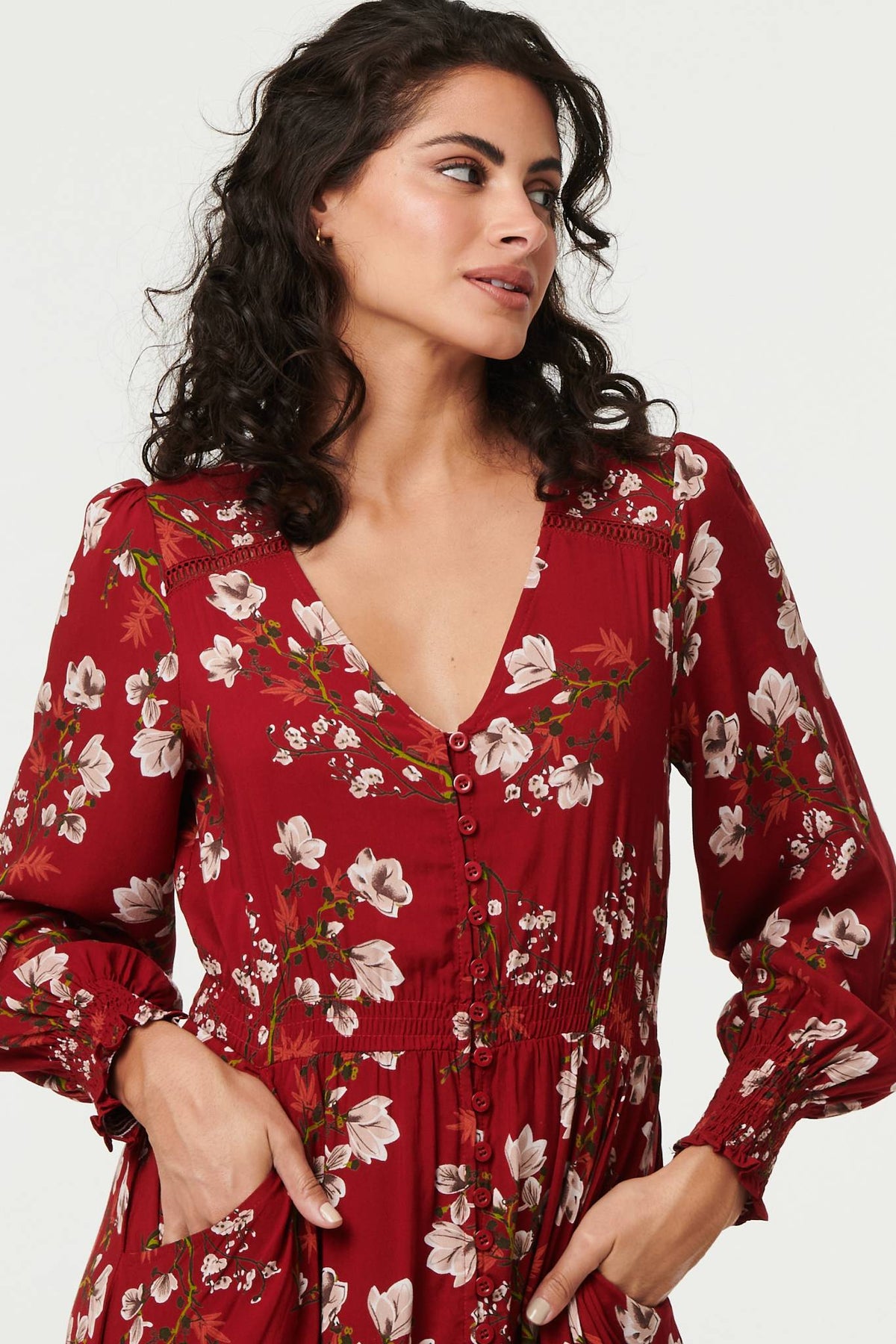 Floral Long Sleeve Lace Trim Maxi Dress Detail View 2