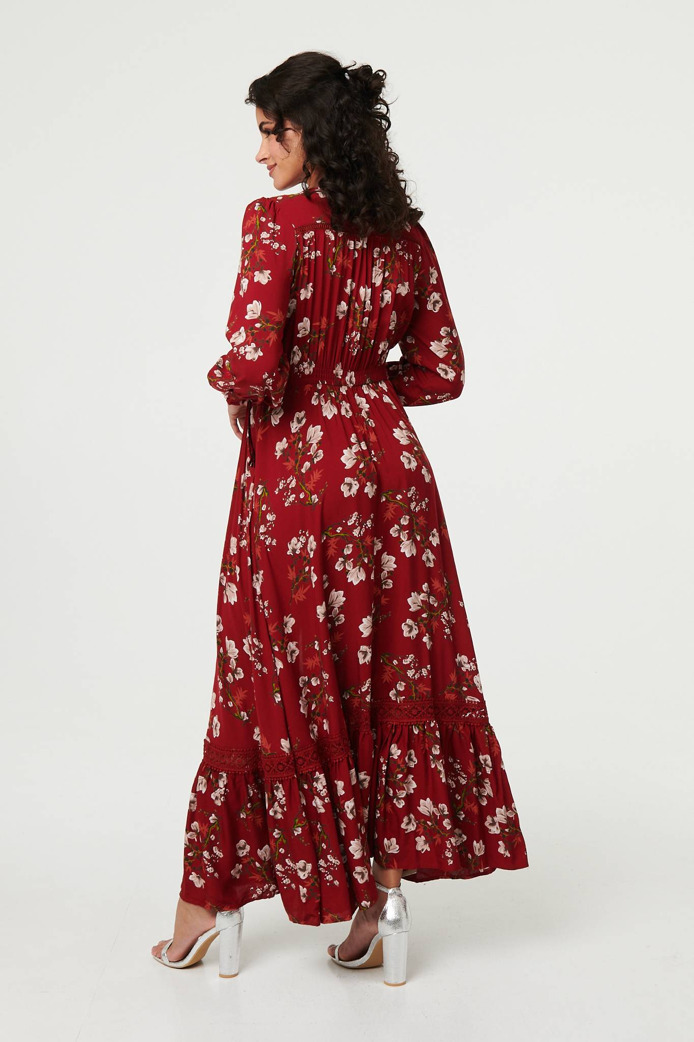 Floral Long Sleeve Lace Trim Maxi Dress Detail View