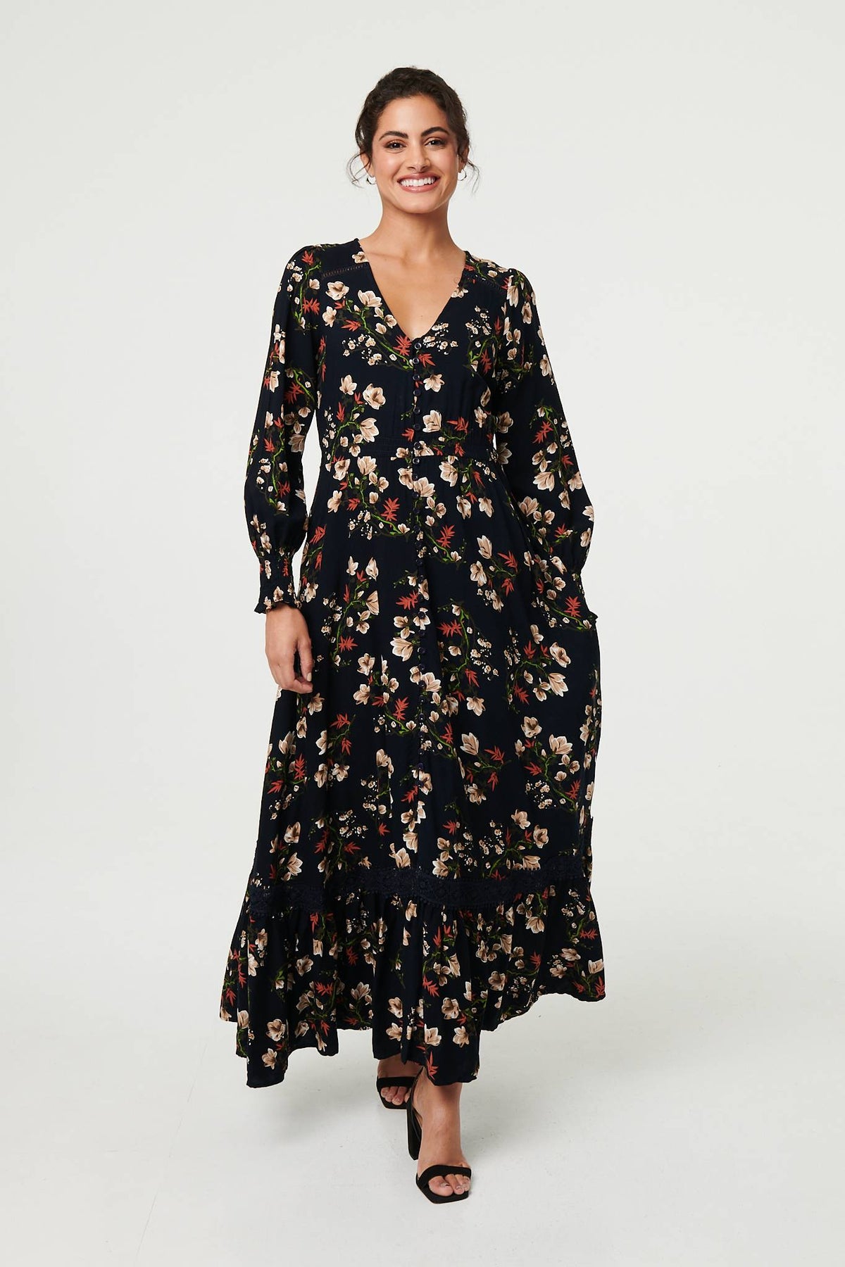 Floral Long Sleeve Lace Trim Maxi Dress Full Length View 2