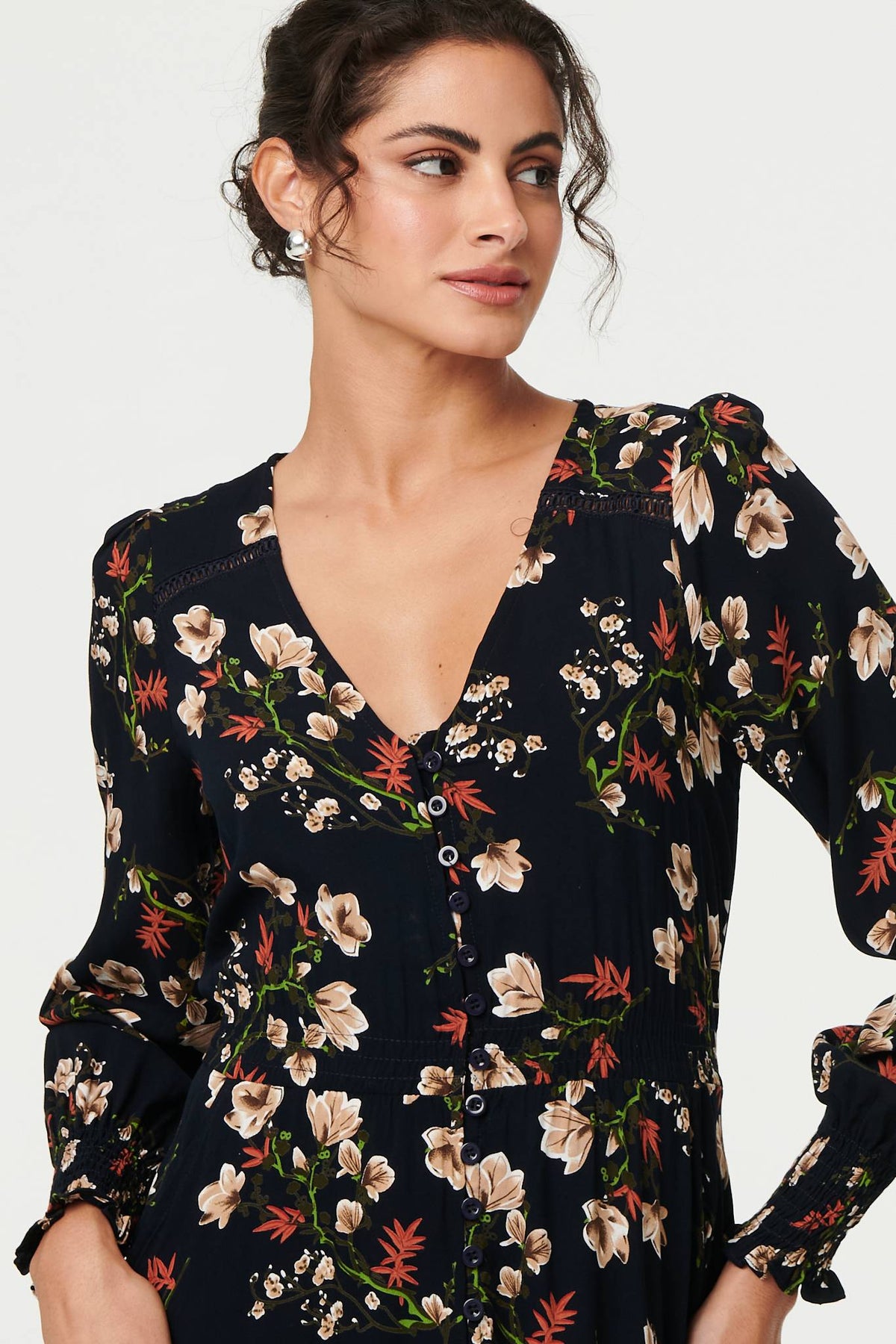 Floral Long Sleeve Lace Trim Maxi Dress Full Length View