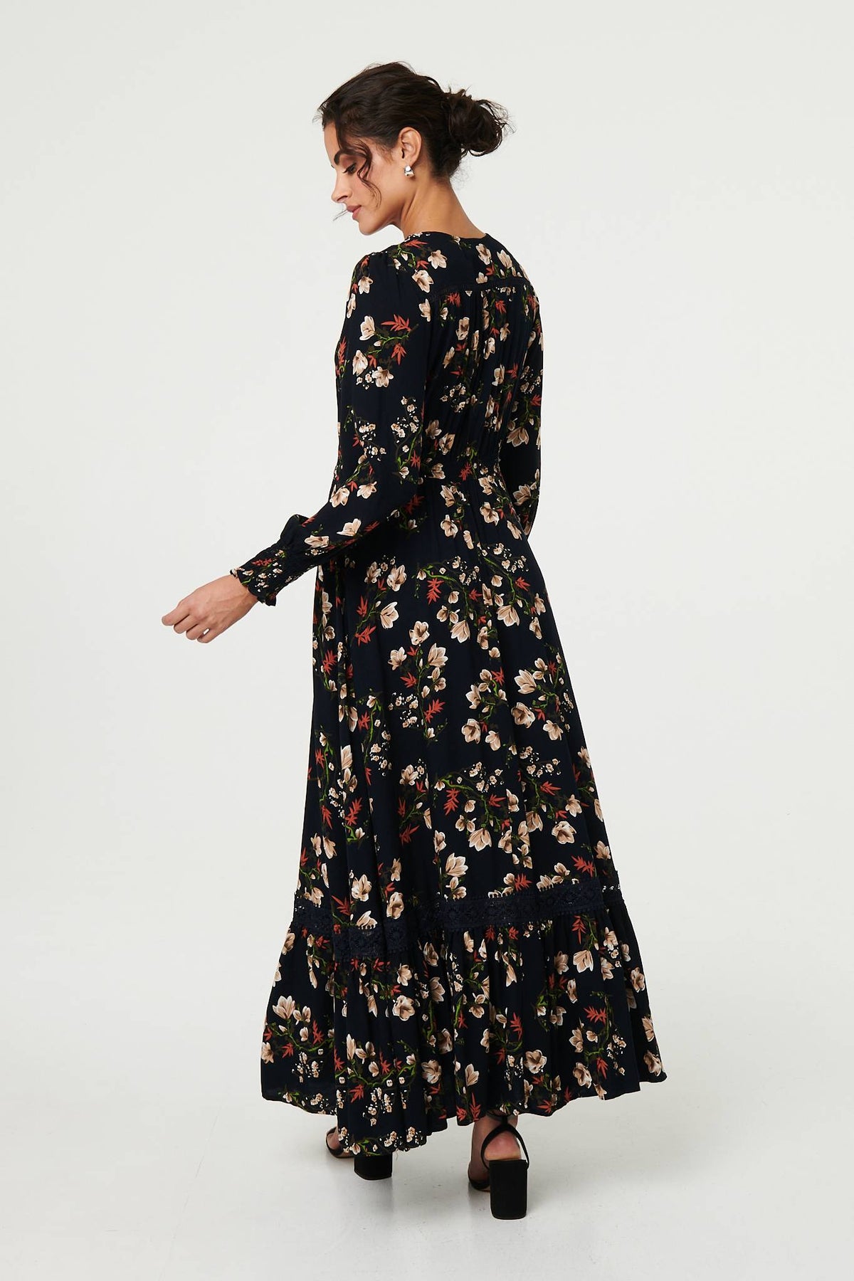Floral Long Sleeve Lace Trim Maxi Dress Front View 2