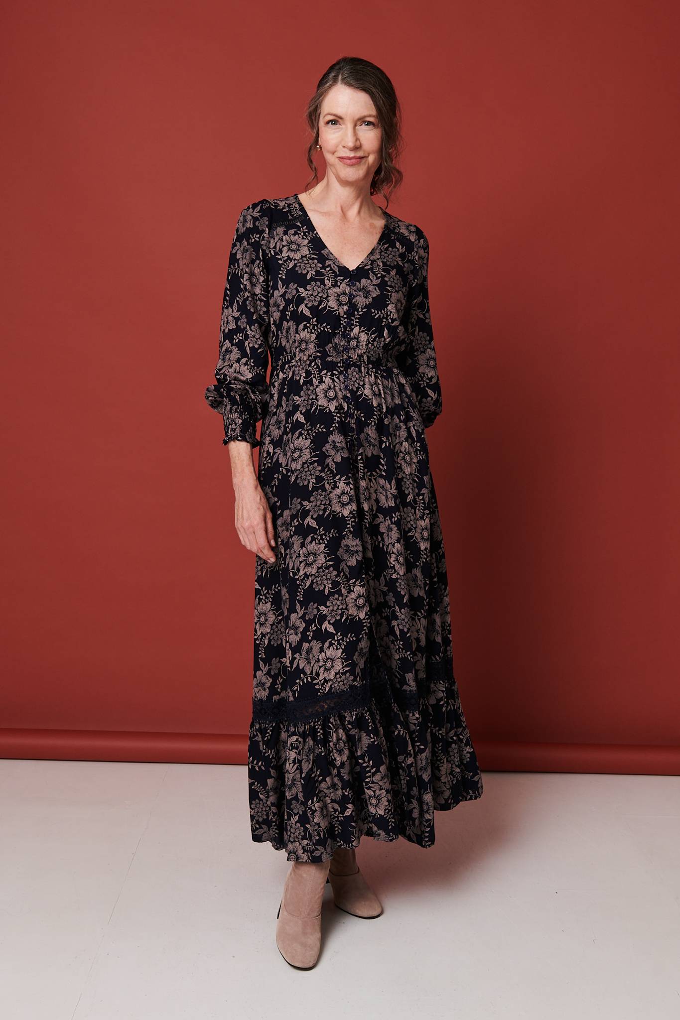 Floral Lace Long Sleeve Maxi Dress Front View
