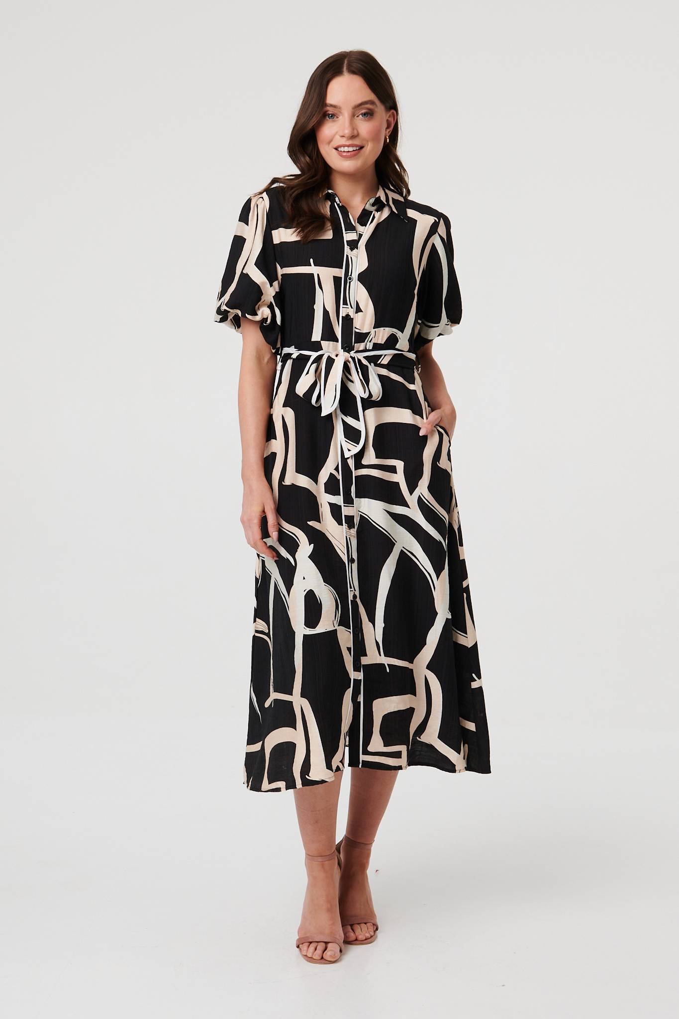 Geo Print Puff Sleeve Tie Midi Dress Side View