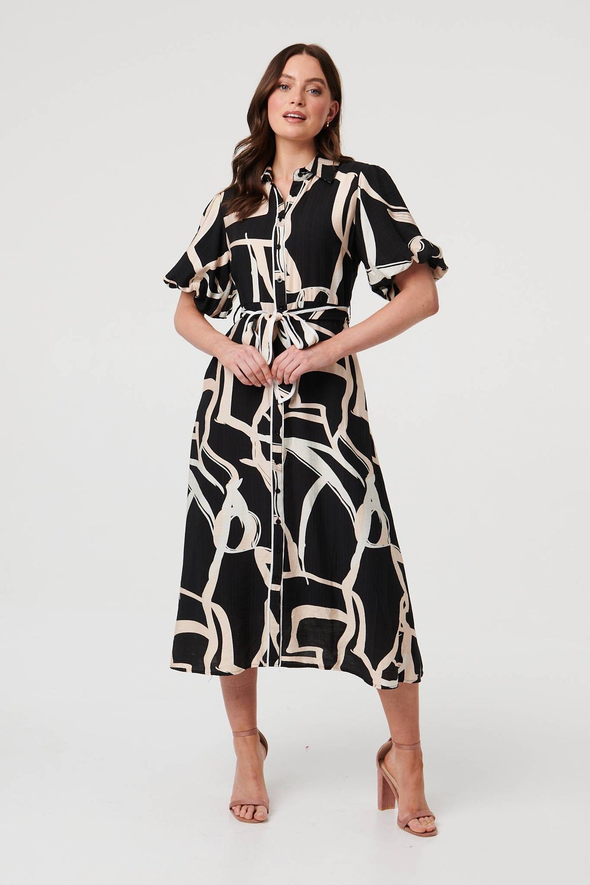 Geo Print Puff Sleeve Tie Midi Dress Front View