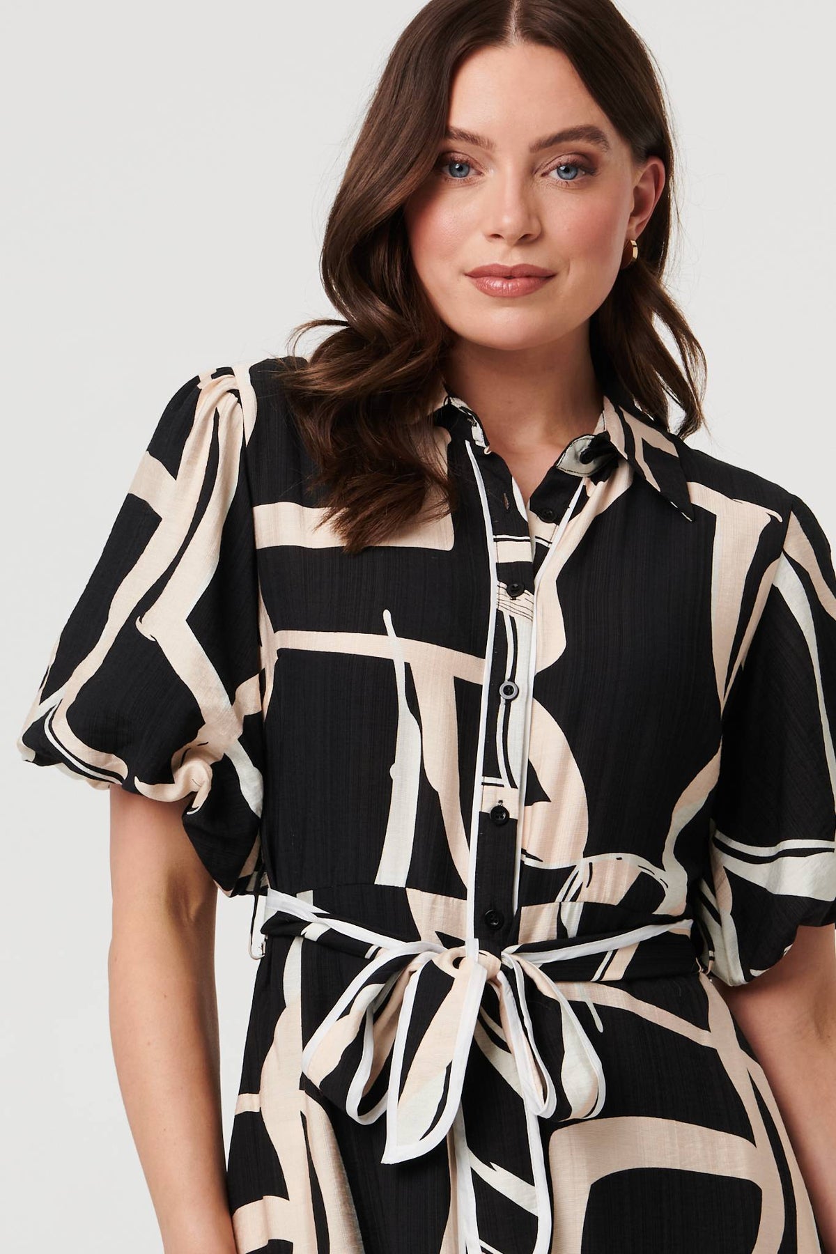 Geo Print Puff Sleeve Tie Midi Dress Styled View