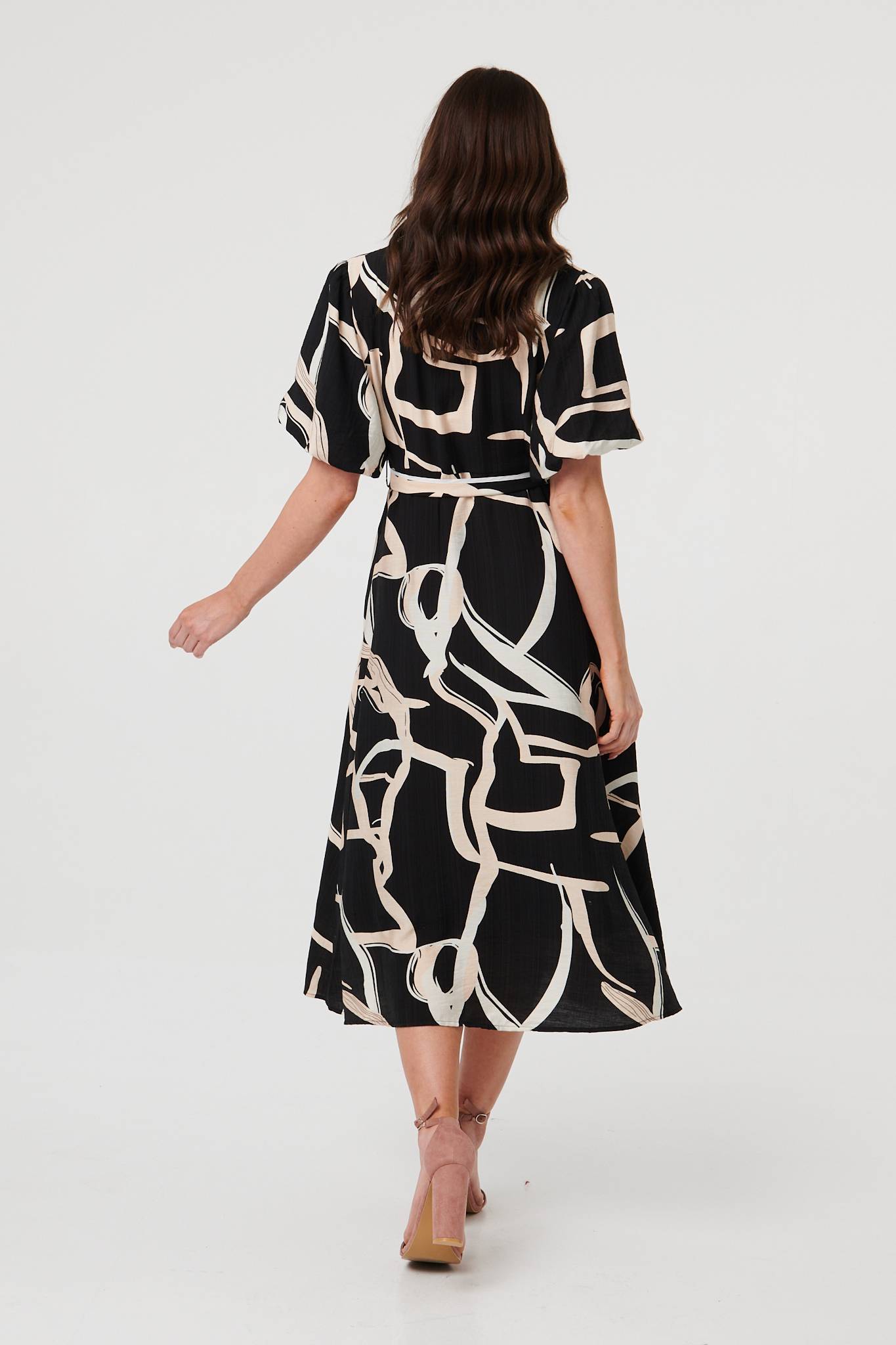 Geo Print Puff Sleeve Tie Midi Dress Detail View